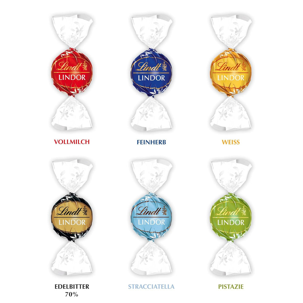Lindt Chocolat LINDOR, Présentoir de comptoir | 1718 g | Env. 138 truffes dans les variétés Lait, Noire 70%, Demi-brune, Stracciatella, Blanche, Pistache | Coffret cadeau chocolat | Chocolat cadeau | Paquet en vrac