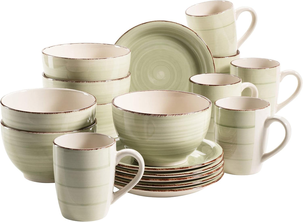 MÄSER 931490 Bel Tempo II Service de petit-déjeuner pour 6 personnes au look vintage, céramique peinte à la main, service de table 18 pièces, vert, grès