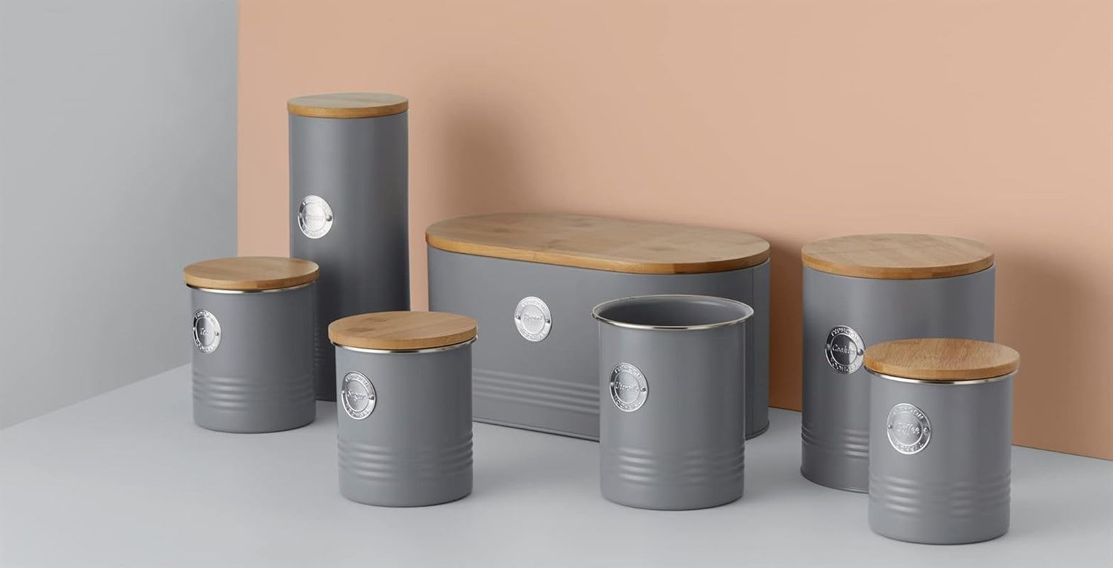 Collection LIVING, pot à biscuits avec couvercle | gris pastel | Boîte de rangement pour biscuits de 3,4 L | pot à biscuits en acier avec couvercle | Bocaux de conservation hermétiques en bambou avec couvercles Naty Shop Boîtes de conservation des aliments