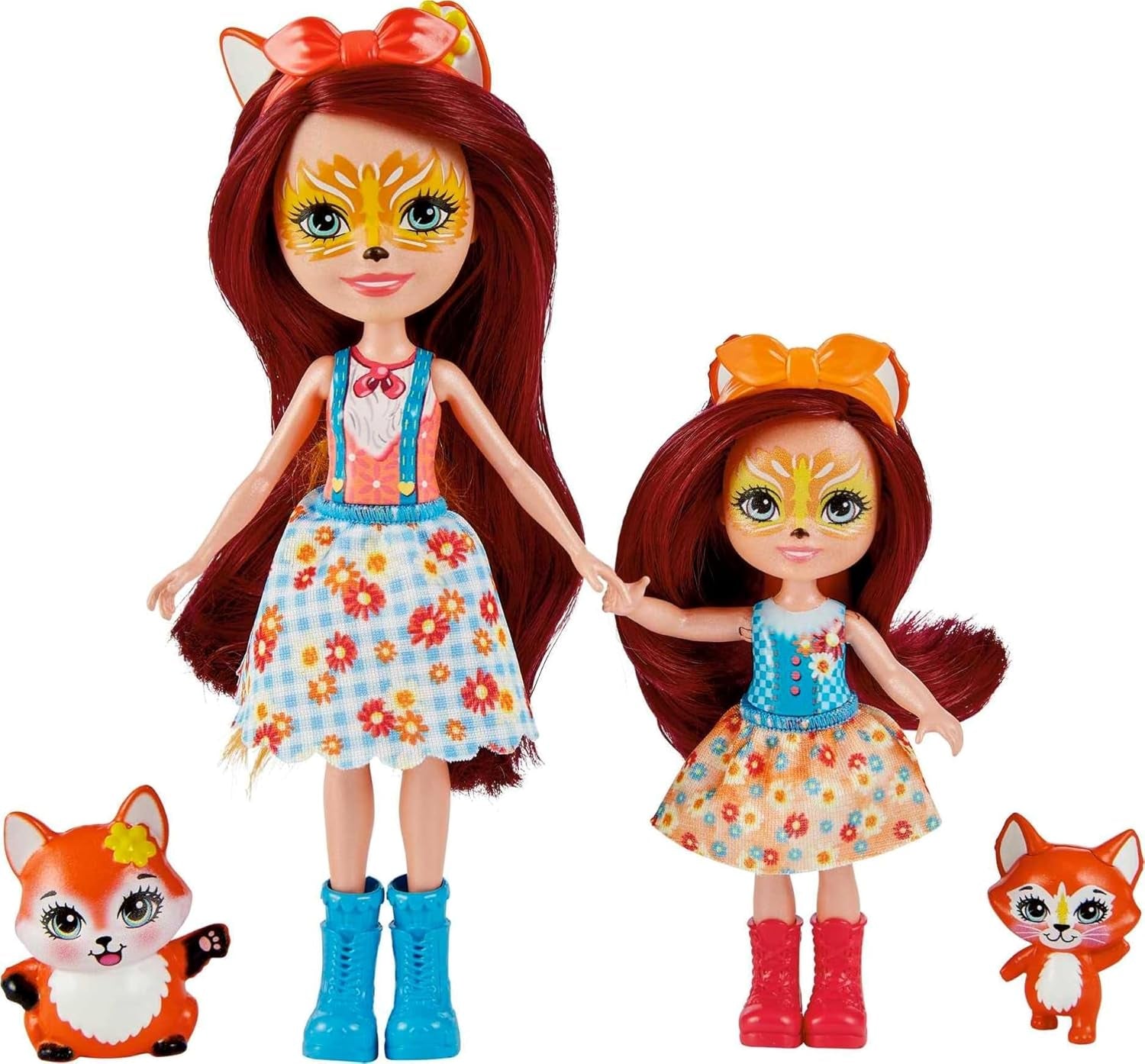 Enchantimals HCF81 - Felicity Fox et sa petite sœur (environ 15 cm et environ 10 cm) et 2 figurines d'animaux, jupe et accessoires amovibles, super cadeau pour les enfants à partir de 3 ans