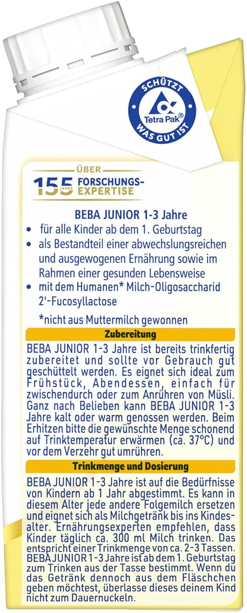 BEBA Junior Boisson lactée prête à boire 1-3 ans, avec HMO, teneur en protéines adaptée à l'âge, sans huile de palme, sans huile de poisson, nourriture pour tout-petits, paquet de 6 (6 x 200 ml)