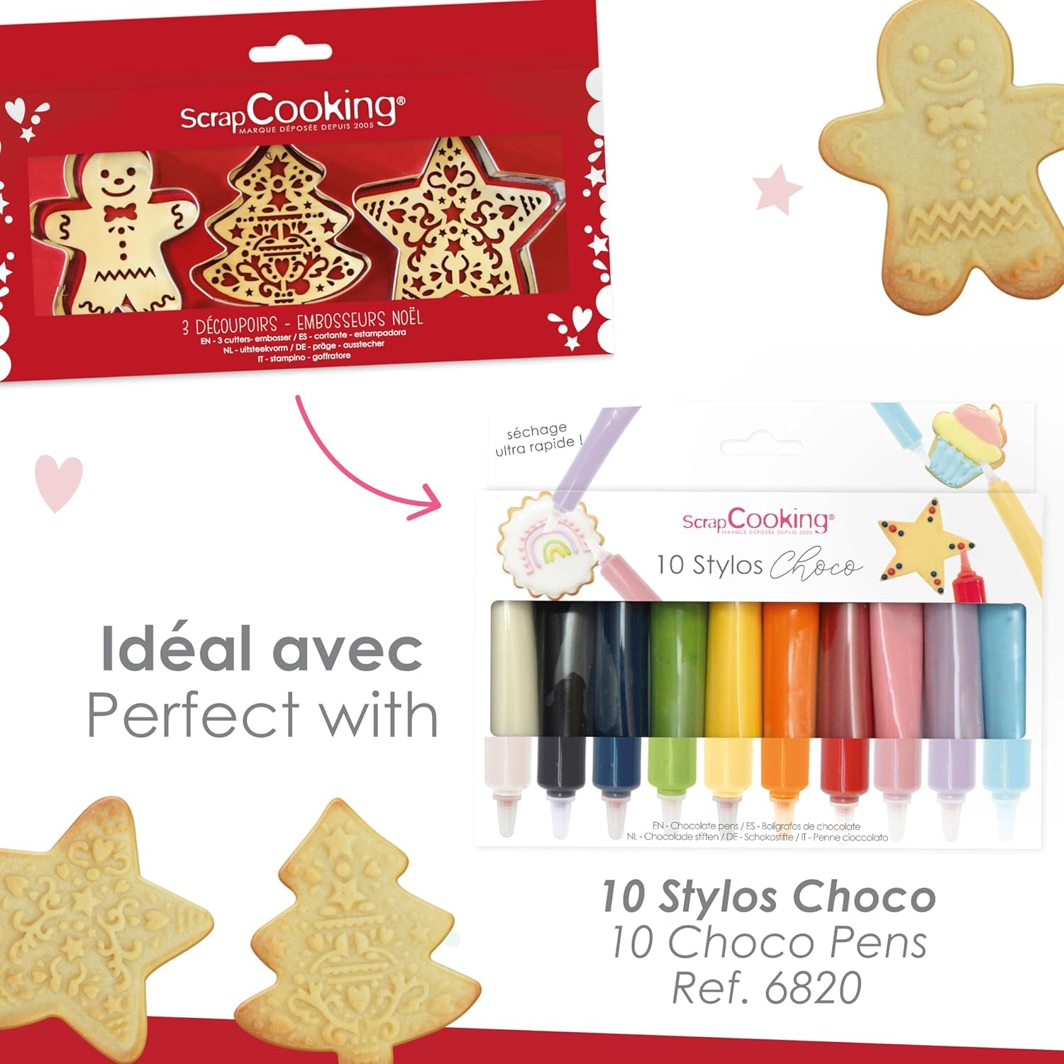 SCRAP COOKING 2093 Set de pâtisserie avec coupe-chat en acier inoxydable et gaufrier en bois adapté au contact alimentaire de Noël