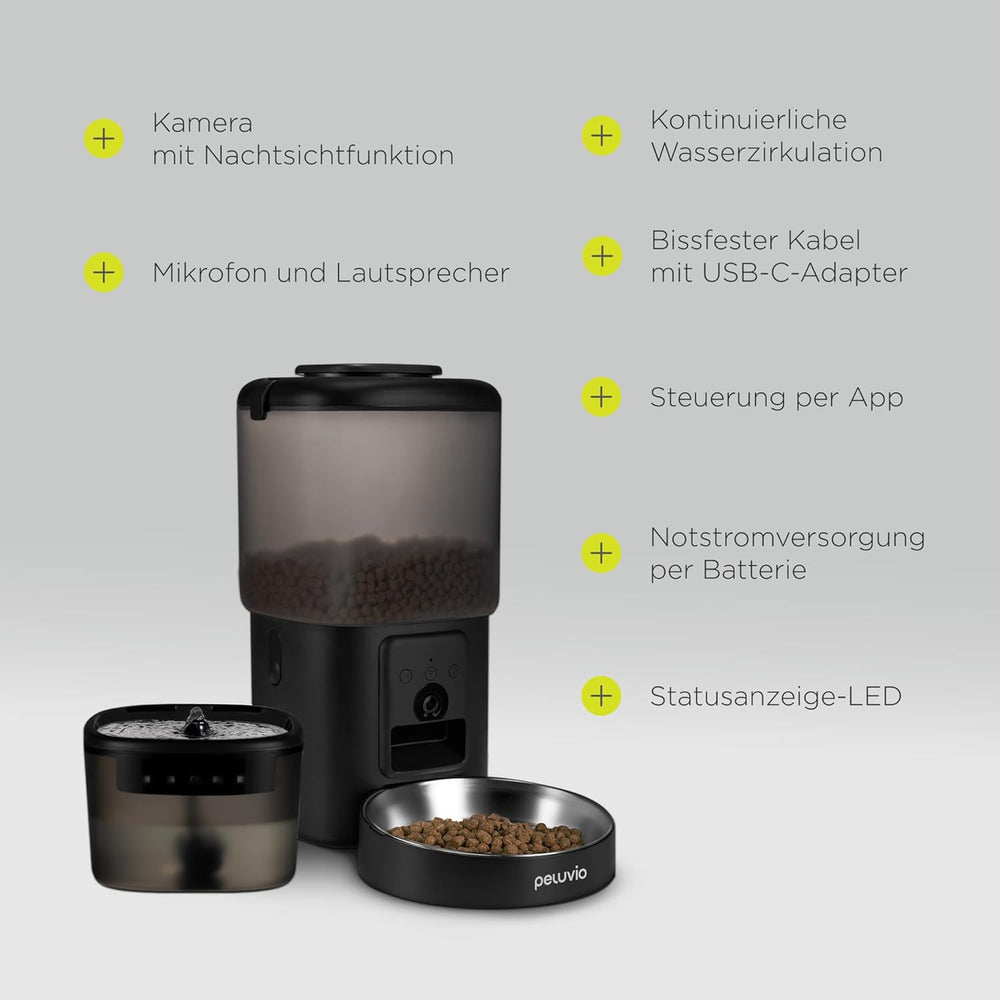 Feast Automatische Futterautomat Katze mit App and Kamera, Live-Video mit Nachtsicht und Zwei-Wege-Audio, Portionskontrolle, Edelstahl-Napf, Katzen Trinkbrunnen mit Filter, 4,5 l et 2,5 l