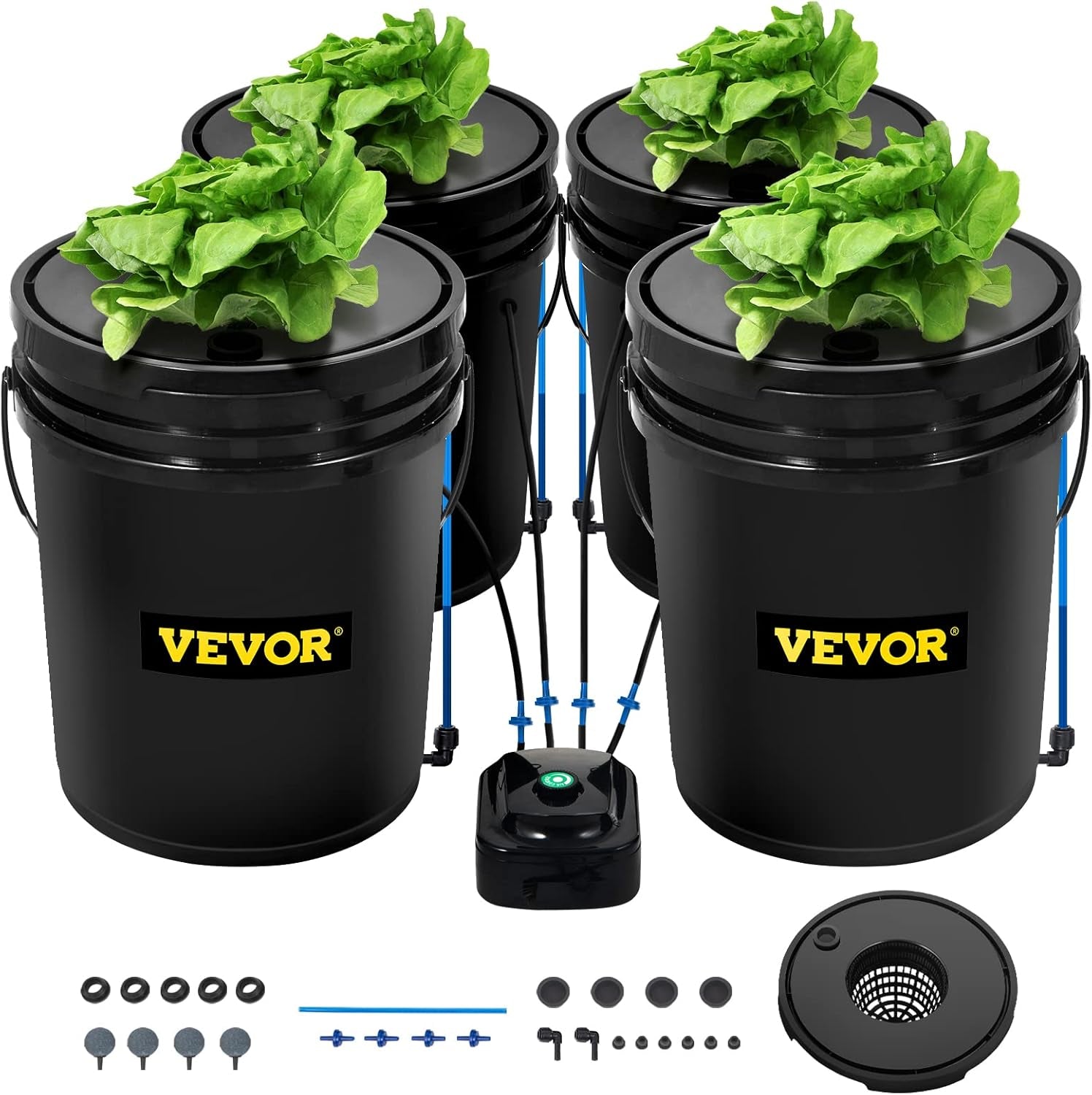 VEVOR DWC Système de culture hydroponique Kit de pot d'égouttement Systèmes de culture hydroponique Culture en eau profonde 4 seaux de 20 L avec pompe à air Pierres à air et indicateur de niveau d'eau pour légumes à feuilles vertes