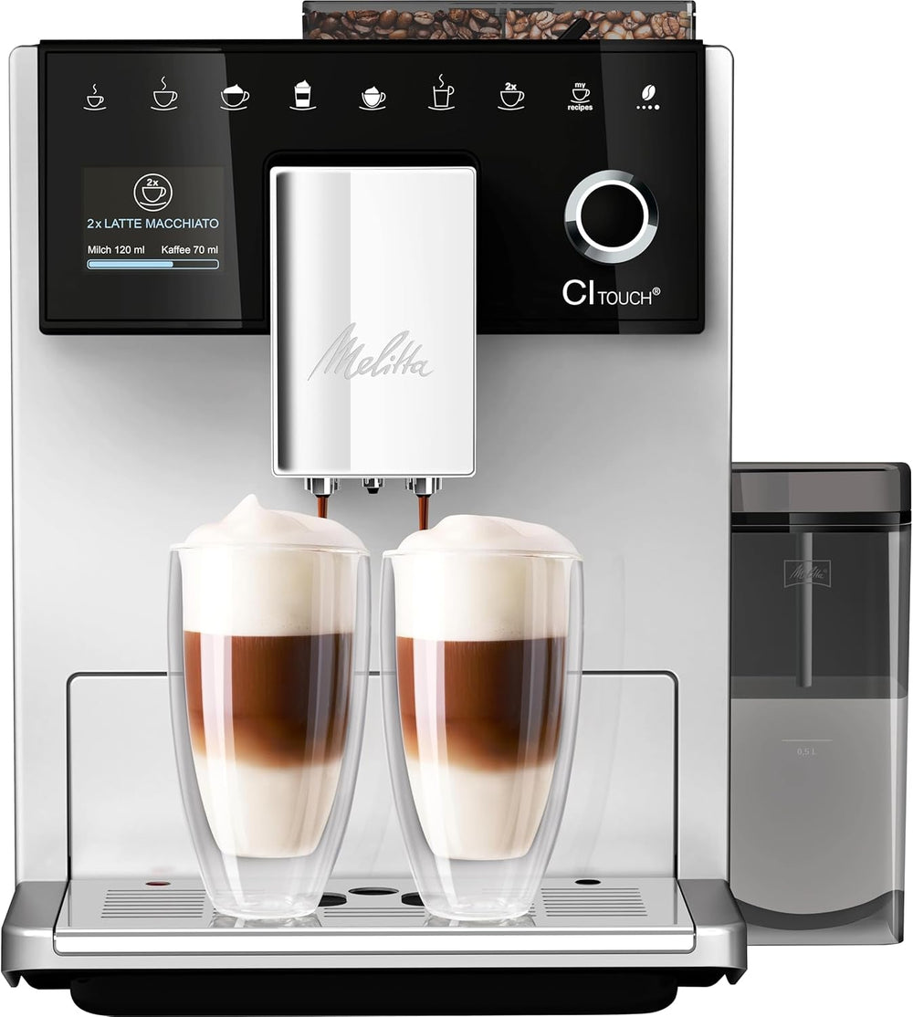Melitta CI Touch - Machine à expresso entièrement automatique avec système de lait, machine à expresso avec moulin à café intégré et mousseur à lait, par ex. pour expresso ou cappuccino, argent