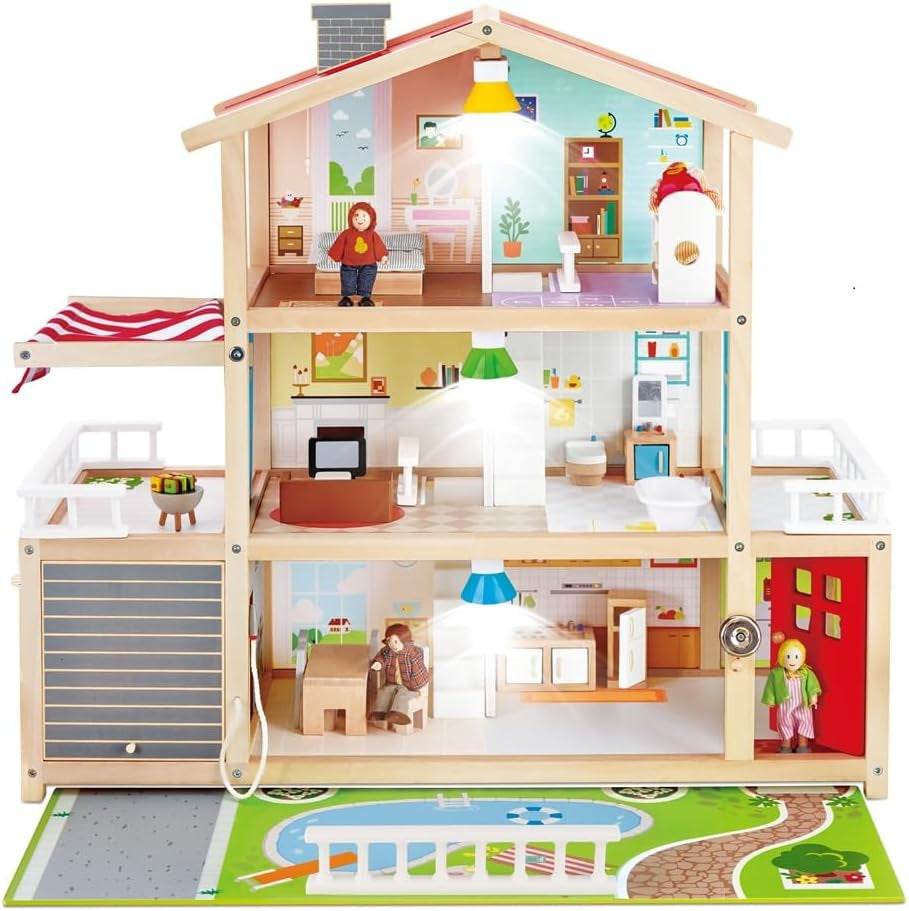 Hape Doll's Villa Maison de poupée en bois de 10 pièces, jeu de rôle créatif comprenant des meubles et des accessoires, jouet éducatif pour 3 ans et plus