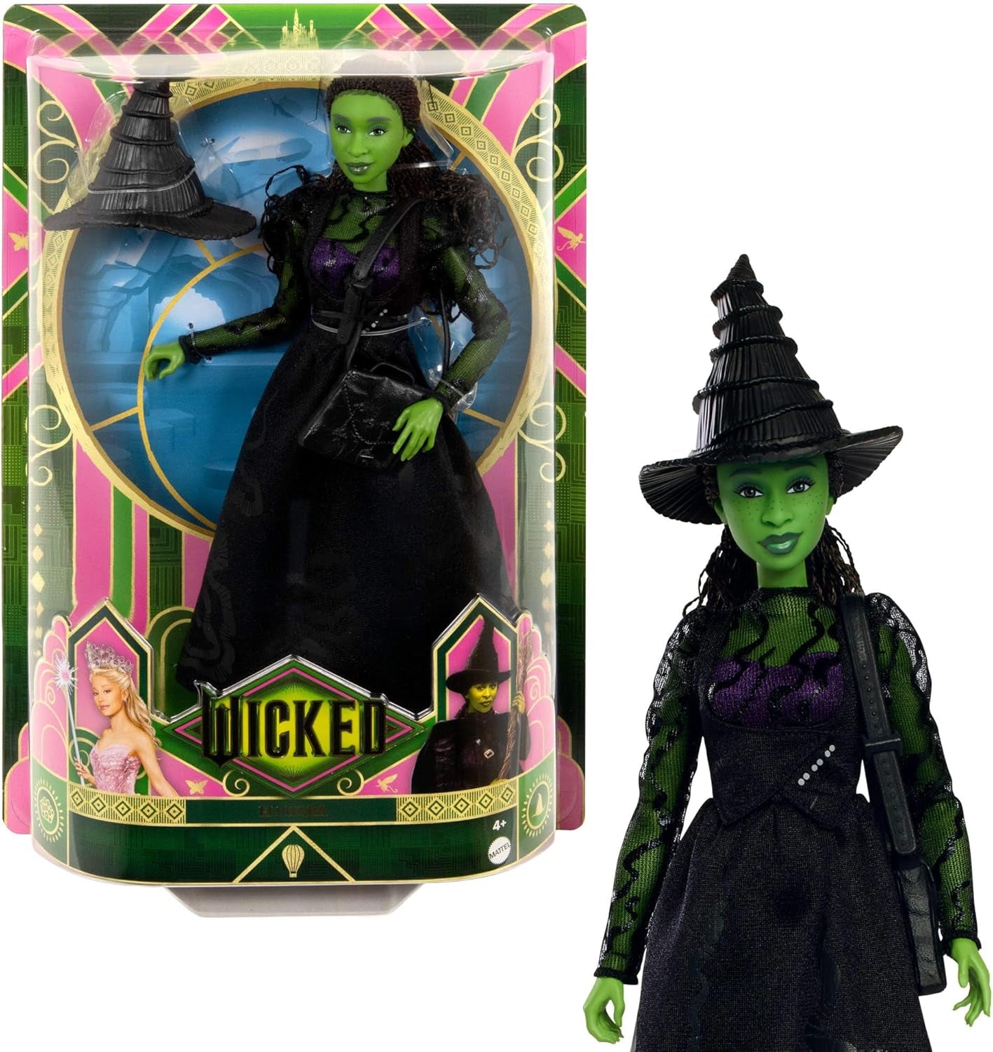 Mattel Wicked Elphaba Poupée mannequin et accessoires avec peau verte, cheveux tressés noirs, diverses poses possibles et apparence de robe de bal amovible, HXT62, [Multicolore]