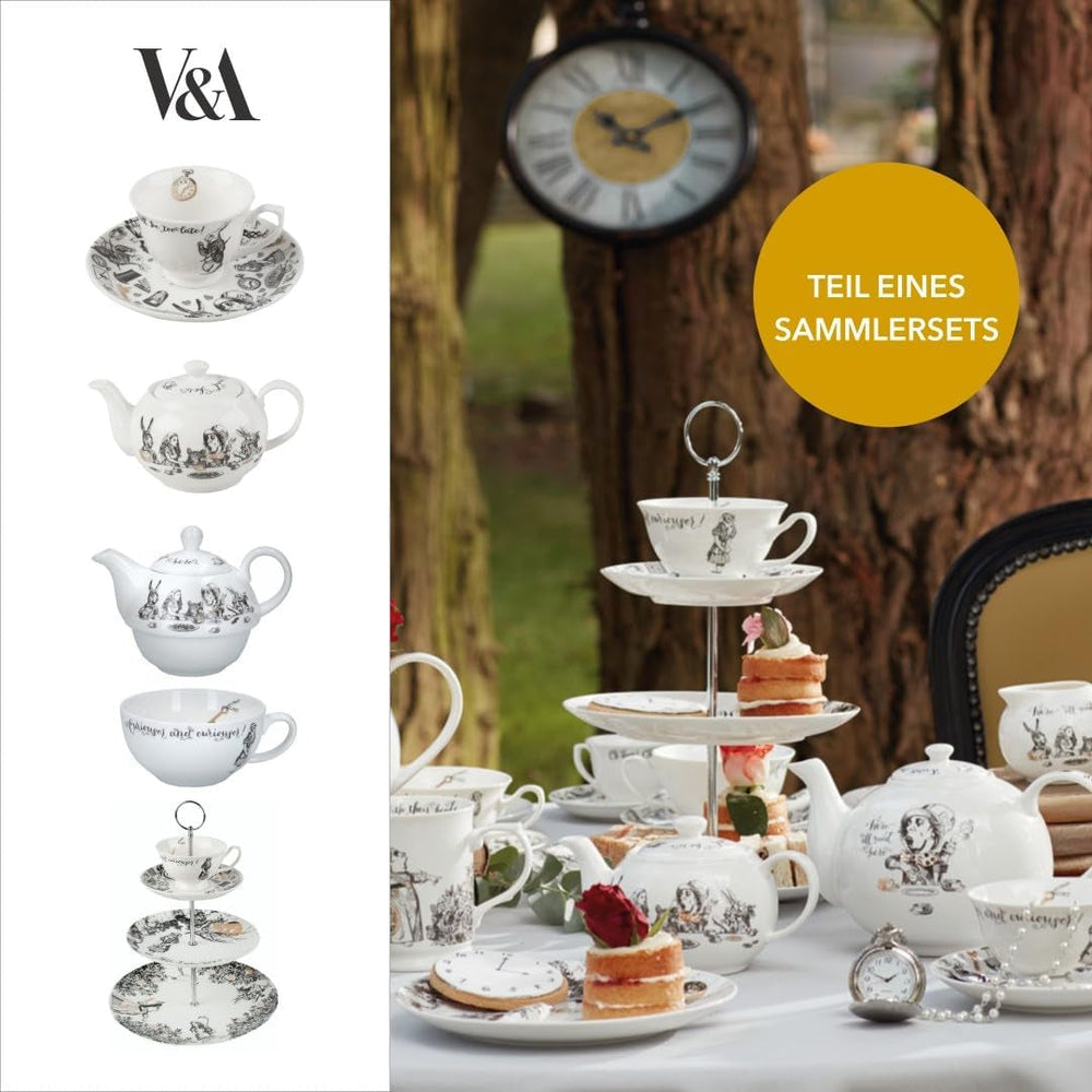 Set ceainic și ceașcă Alice în Țara Minunilor pentru 1 persoană în cutie cadou, serviciu de ceai din porțelan fin, alb, 250 ml