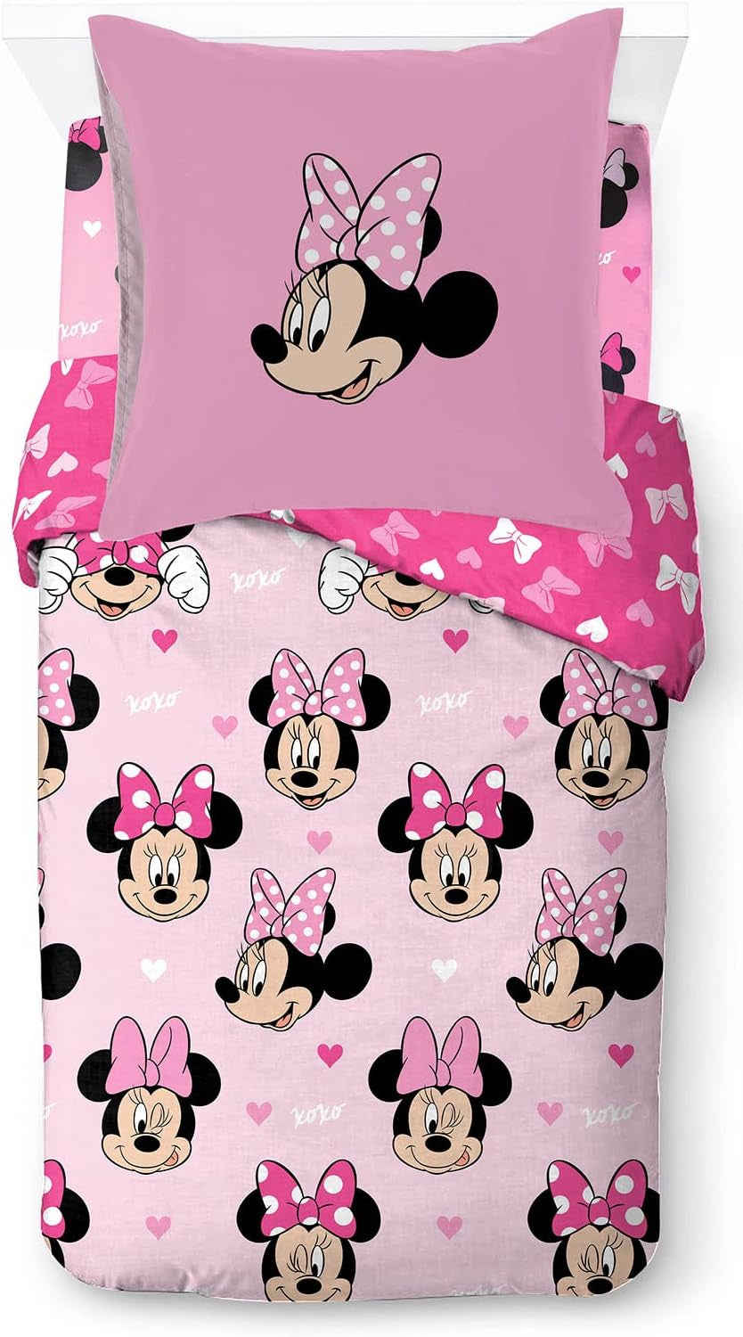 Parure de lit enfant personnages Disney 100% coton Parure de lit enfant Naty Shop Rose - Minnie Mouse 135X200/80X80 (3 Pièces)