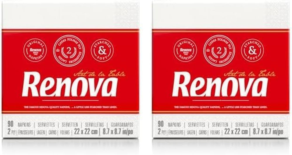 Serviettes en papier Renova, style cocktail de table blanc - 90 serviettes (paquet de 2)