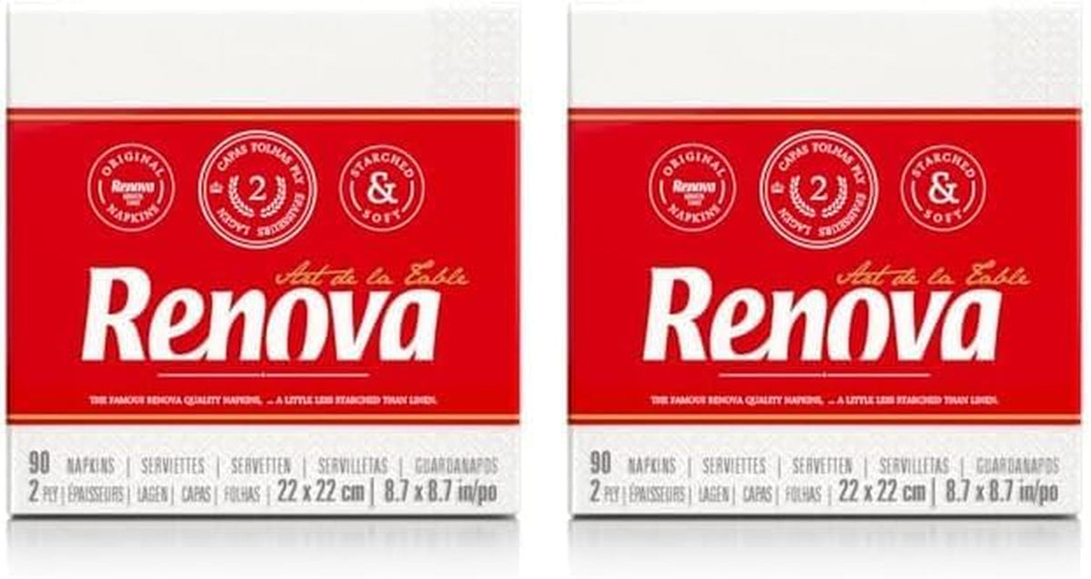 Serviettes en papier Renova, style cocktail de table blanc - 90 serviettes (paquet de 2)