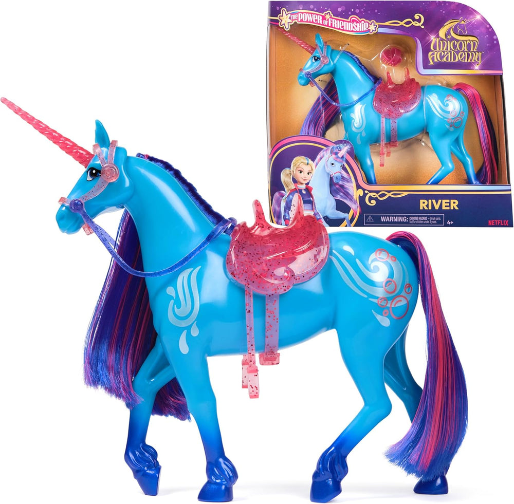 Unicorn River Unicorn Academy - Licorne Isabel originale de 28 cm de haut de la série Netflix, avec crinière et queue réelles, bride, selle et brosse amovibles, pour les enfants à partir de 4 ans