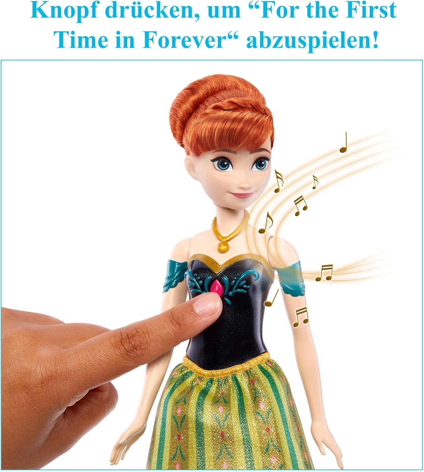 Mattel Toys Disney Frozen Anna poupée mannequin chantante en tenue emblématique chante "Pour la première fois" du film Disney en anglais, français, allemand, italien, JDL59