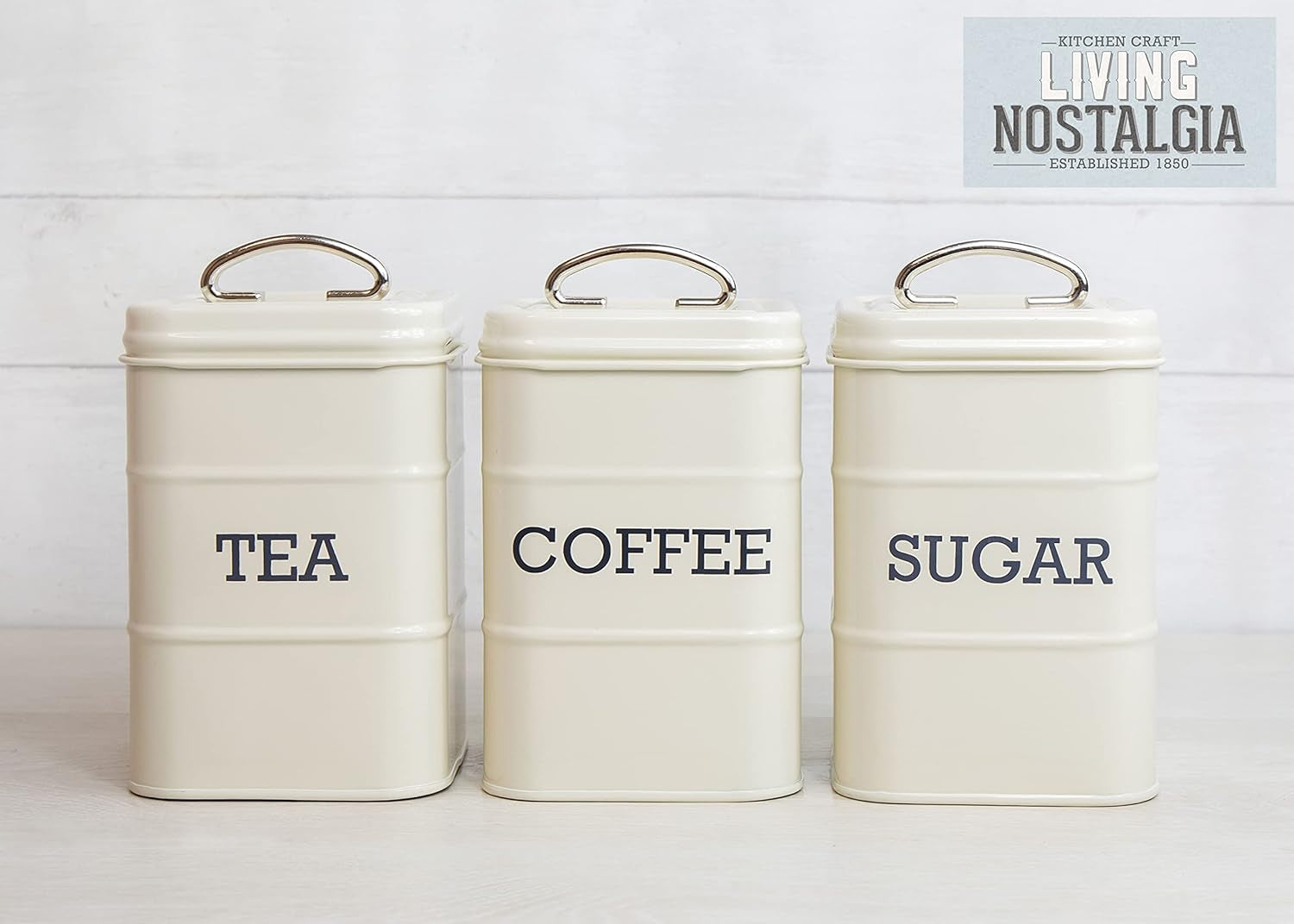 KitchenCraft Living Nostalgia Lot de 3 pots de conservation pour thé, sucre et café dans une boîte cadeau, acier, crème antique, 11 cm x 11 cm x 17 cm, boîtes de conservation alimentaires bleues vintage Naty Shop