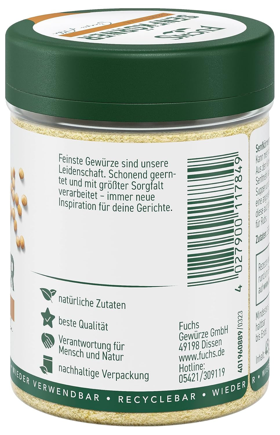 Fuchs Gewürze - Senfkörner gemahlen - für die Zubereitung von Rubs, zum Verfeinern von Suppen und Saucen - ingrédients naturels - 45 g dans une dose large, recyclable
