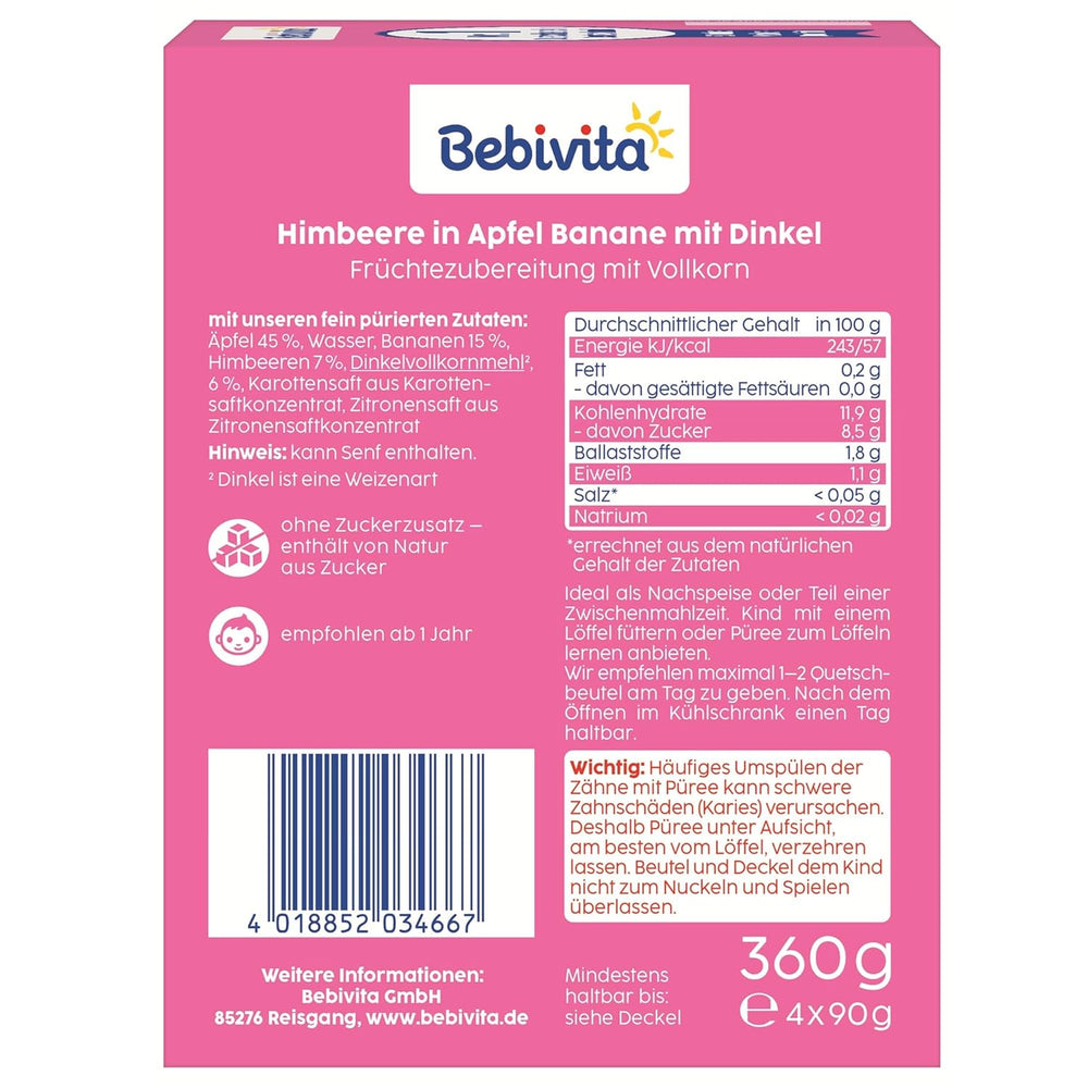 Sachets compressibles fruits, framboise, pomme, banane et épeautre - 16 pièces (paquet de 4, 4 x 90g chacun), sans sucre ajouté, à base de fruits rouges et de céréales saines, idéal pour les collations à emporter et l'autoconsommation