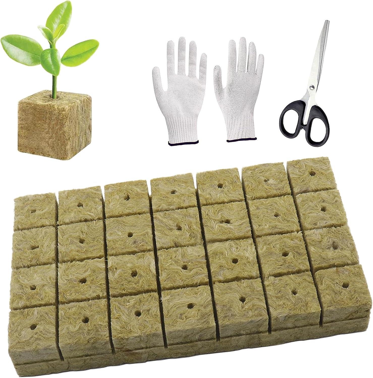 Lot de 50 tapis de culture en laine minérale, cube de laine minérale, isolation en laine minérale, tapis de culture en laine minérale avec ciseaux et gants pour culture hors sol, culture hydroponique et transplantation