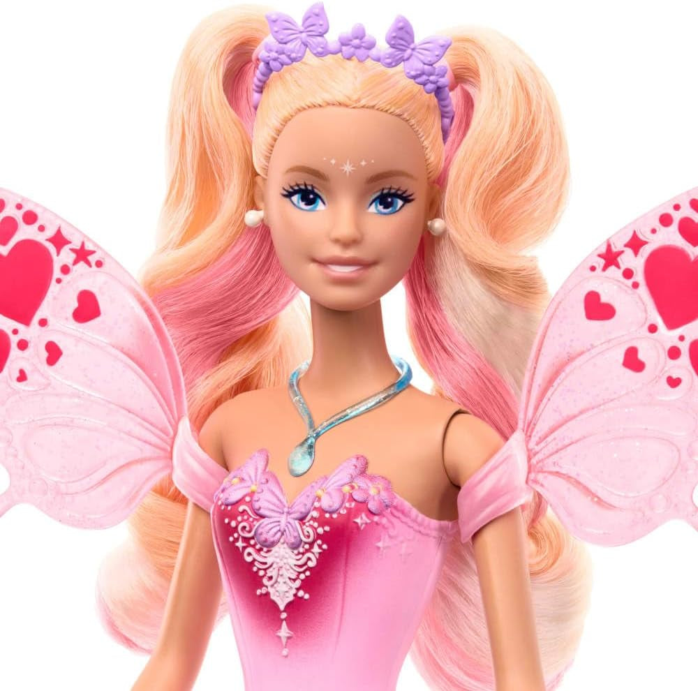 Barbie Fantasy Feenpuppe mit Farbwechsel Flügeln und Outfit, Spielzeugzauberstab mit und Mode Accessoires, JCP76