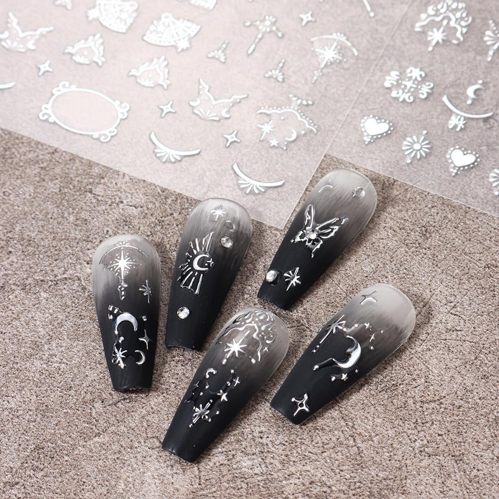 Autocollants d'ongles métalliques argentés 3D, autocollants d'ongles pour femmes, étoile, lune, soleil, feuille d'ongles, autocollants auto-adhésifs, autocollants d'ongles papillon, autocollants d'ongles, accessoires de conception d'ongles, 8 pièces