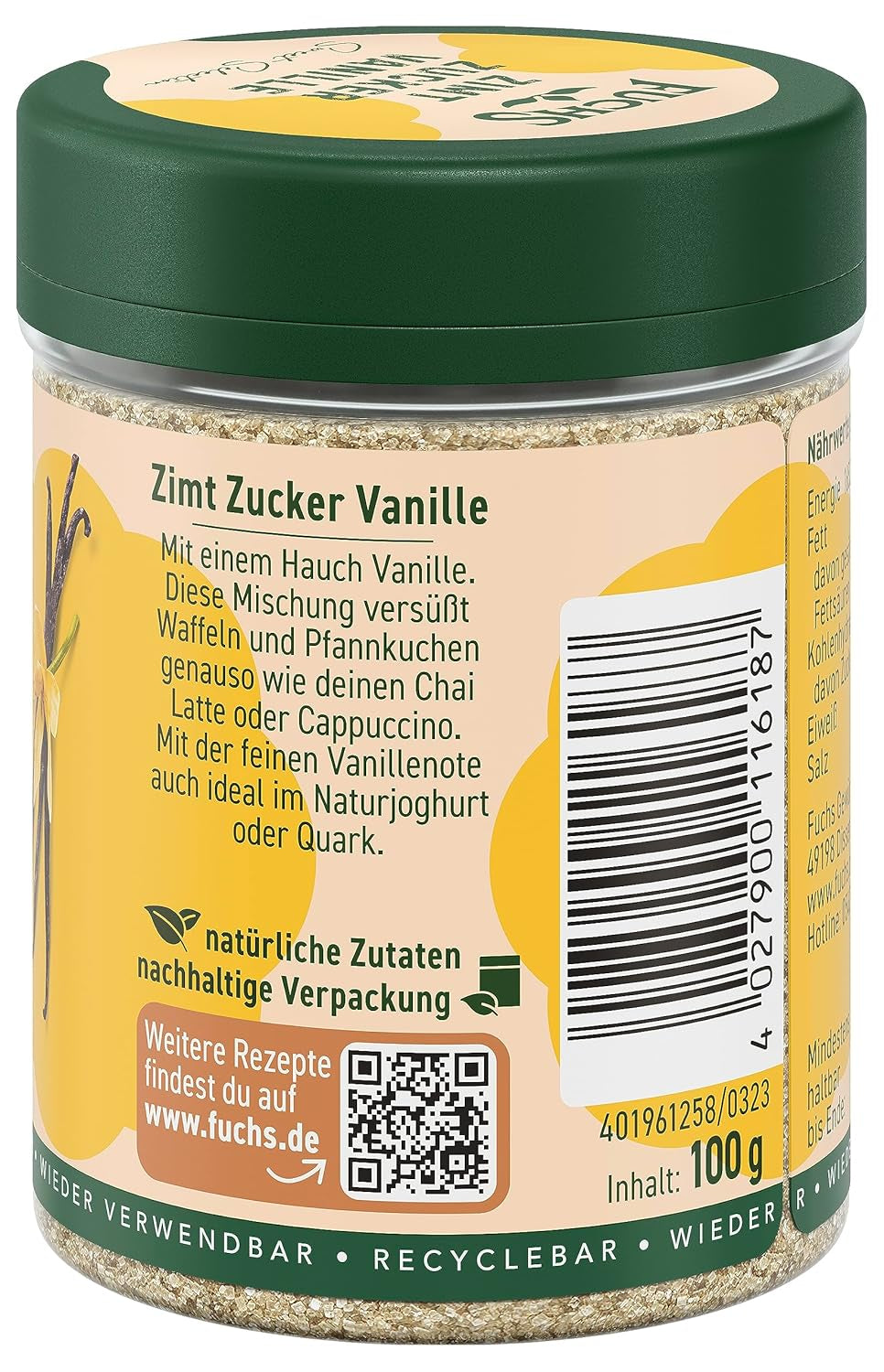 Fuchs Gewürze - Zimt Zucker Vanille - Gewürz zum Versüßen von Wafeln, Milchgetränken oder Joghurt - aus natürliche Ingredient - 100 g in wiederverwendbarer, recyclebarer Dose