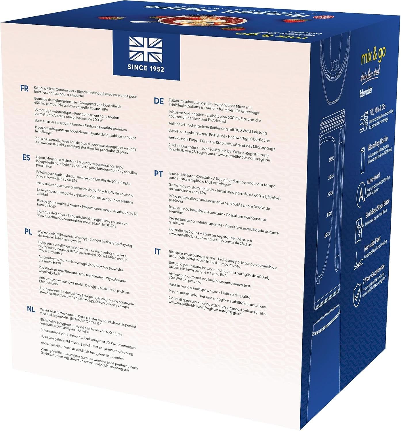 Russell Hobbs Mixer - Mixeur sur socle et machine à smoothie à emporter [Moteur de puissance 23 500 U/Min] Inkl. 1X Mixbehälter 600Ml (Bpa-Frei, Spülmaschinen- & Bruchfest Inkl. Deckel) Zerkleinerer, Edelstahl, 23472-56 Kitchen Naty Shop