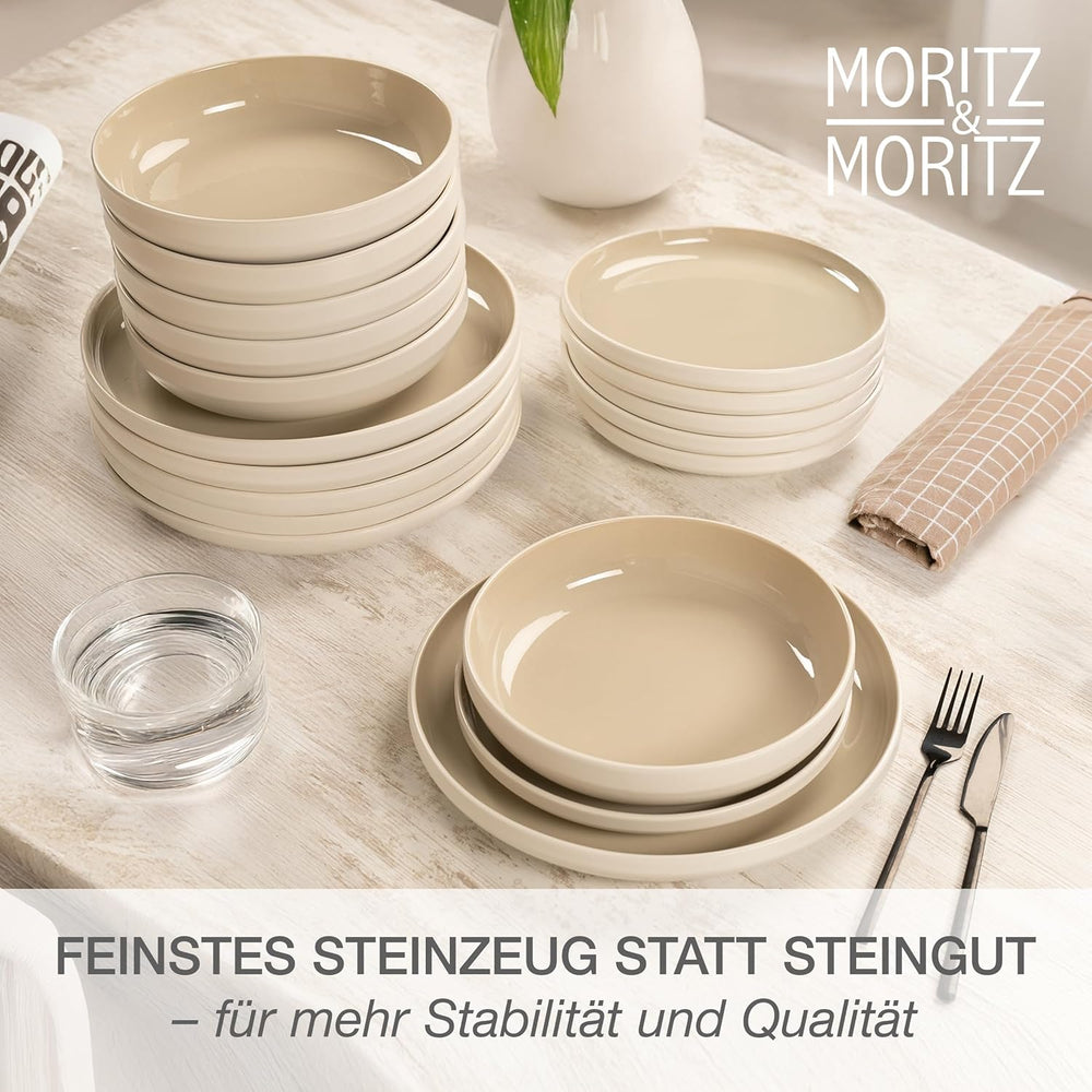 Moritz & Moritz CAVO service de table en grès pour 12 personnes, 36 pièces - Service de table moderne couleur sable - Service combiné facile d'entretien avec assiettes et bols - Service à café