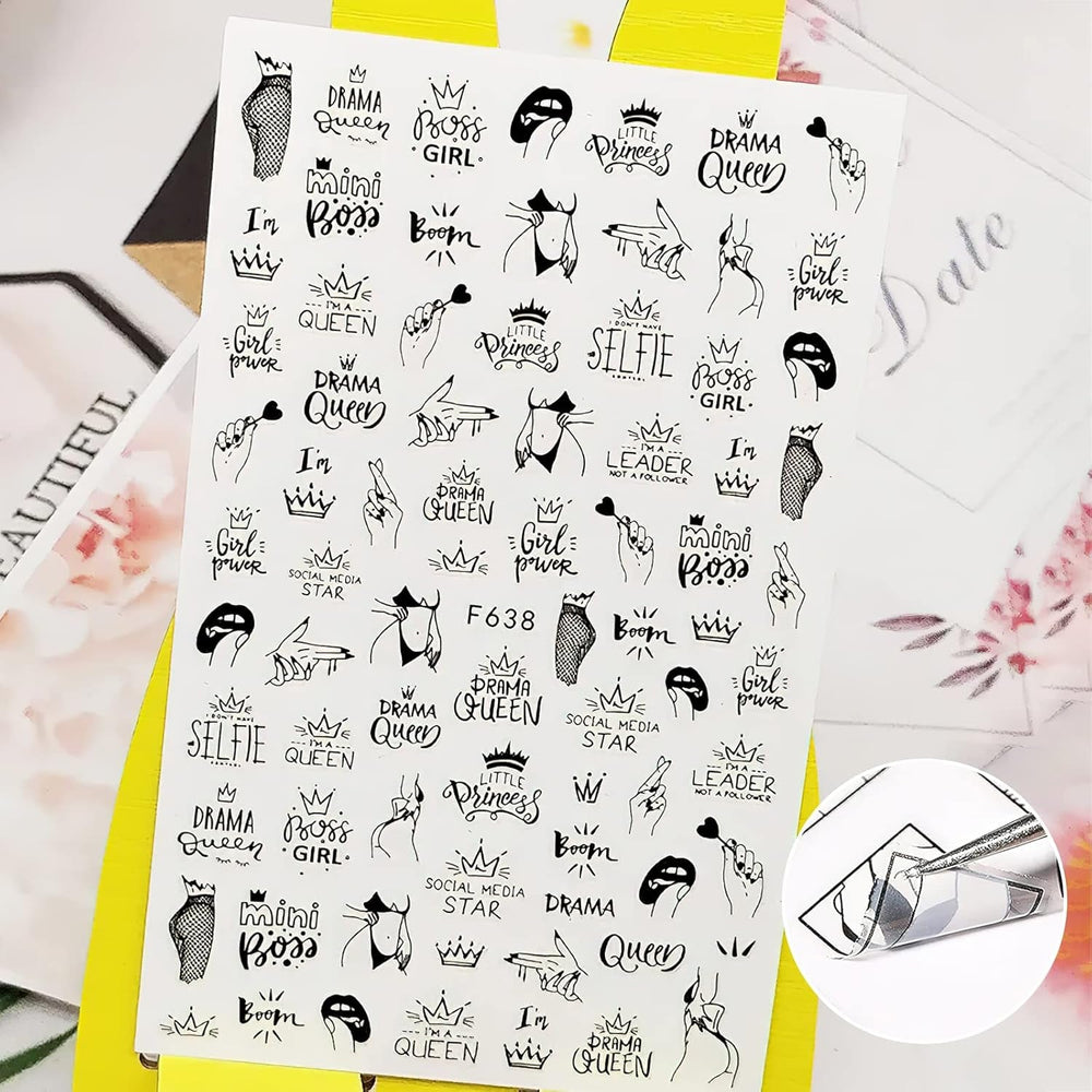 7 Blätter Nagelsticker Selbstklebend Nagelsticker Blumen Abstract 3D Schwarz Nagelaufkleber Nageldesign Herzform Wörter Pflanzen Nagel Sticker DIY Nail Art Zubehör Maniküre Dekoration