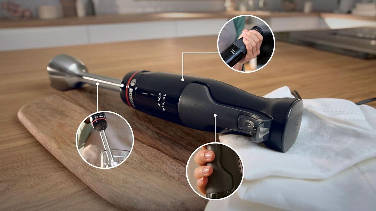 Bosch Batteur sur socle Ergomaster Serie 4, 1000 Watt, Edelstahl-Mixstab, Zerkleinerer, Mix-/Messbecher, Schwarz Kitchen Naty Shop