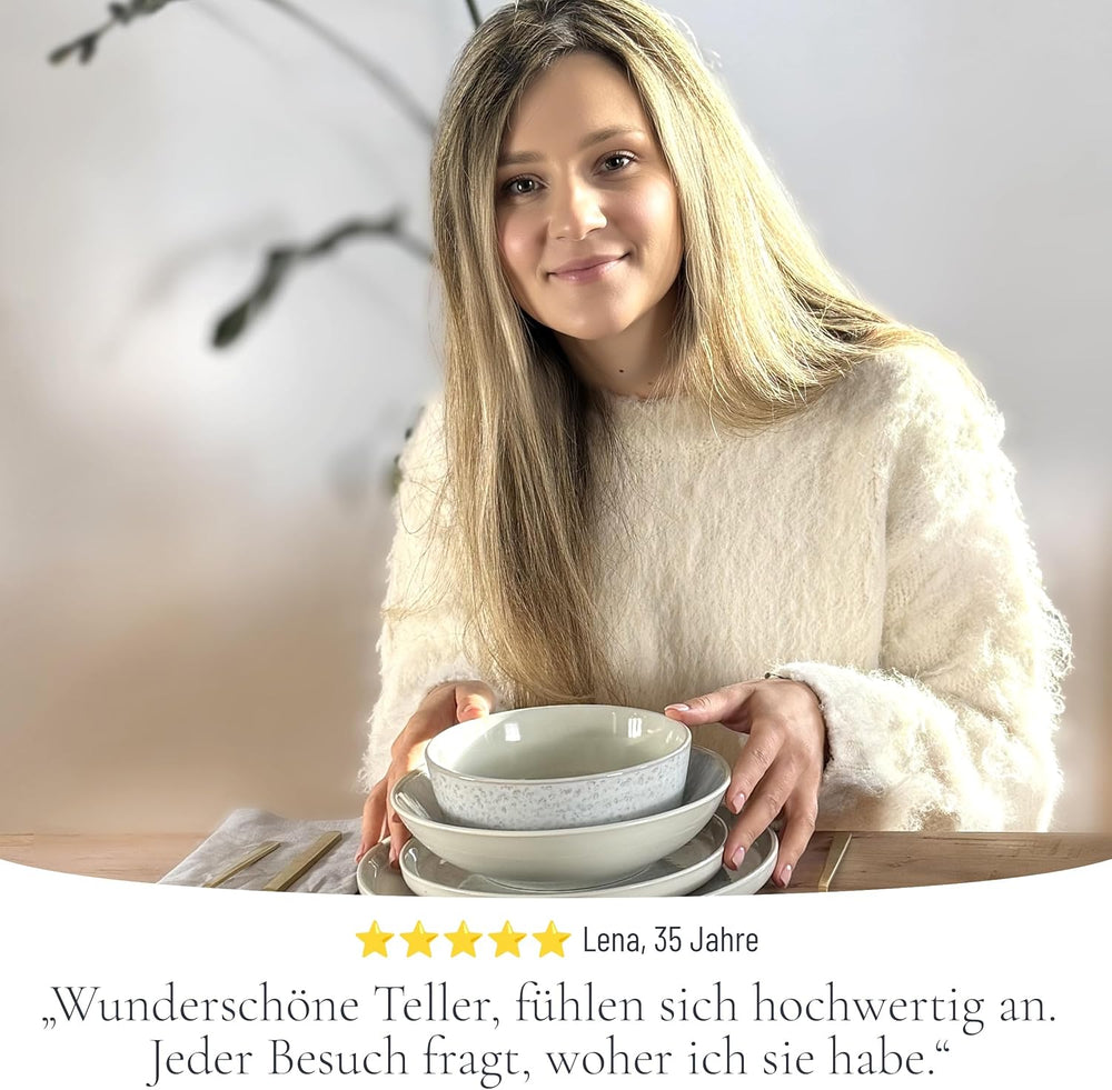 Service de vaisselle 48 pièces en grès céramique pour 12 personnes, design Ibiza, GAGNANT DU TEST. Un magnifique ensemble de vaisselle méditerranéenne en grès céramique comprenant des bols et des assiettes. Service de table Pure Living, beige.