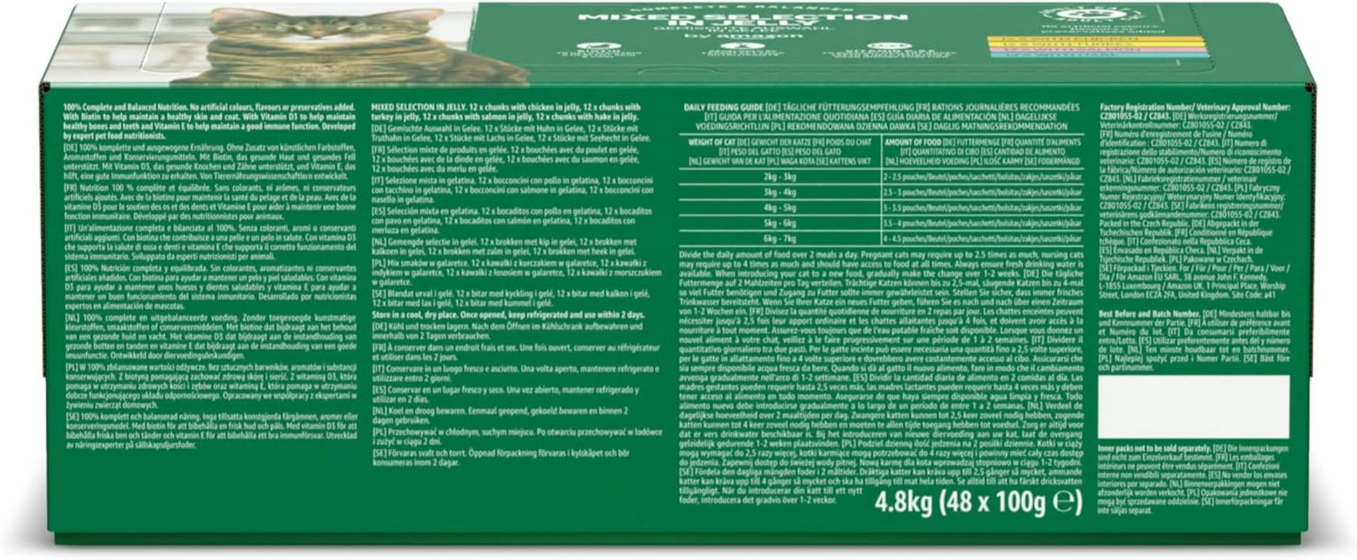 Hrană umedă pentru pisici de la Amazon, fără cereale, pentru pisici adulte, selecție mixtă în jeleu, 4,8 kg (48 de pachete a câte 100 g fiecare)
