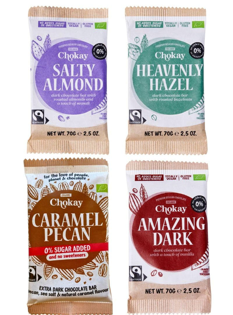 Barre biologique - Ensemble d'échantillons de 4 pièces/Amazing Black, Noisette, Pecan Caramel, Amande salée/Sans sucre ajouté, sans édulcorants/VÉGAN, SANS GLUTEN ET COMMERCE ÉQUITABLE / 4 x 70g