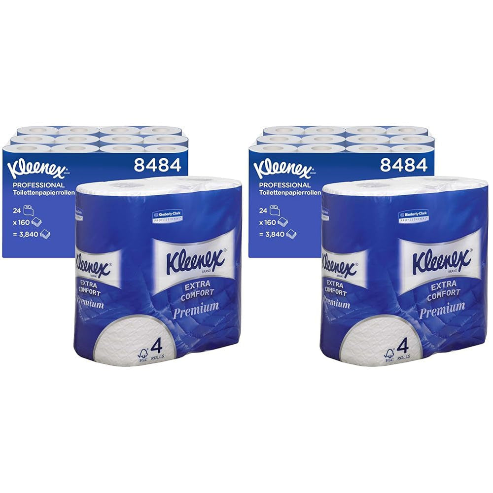 Kleenex Premium Rouleaux de papier toilette 8484, papier toilette 24 rouleaux x 160 feuilles soufflées, papier toilette 4 épaisseurs, 100 % fibres pures, haute qualité, résistant aux déchirures et doux (lot de 2)
