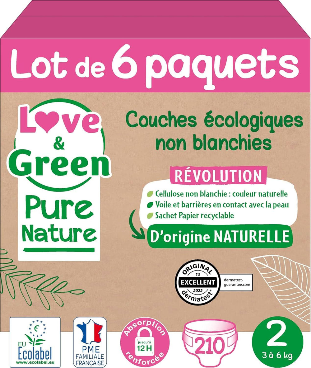 Love Green Nature, couches écologiques non blanchies, sans chlore, différentes tailles Mère et Enfant Naty Shop Taille 2, 3 - 6 Kg 210 couches au total