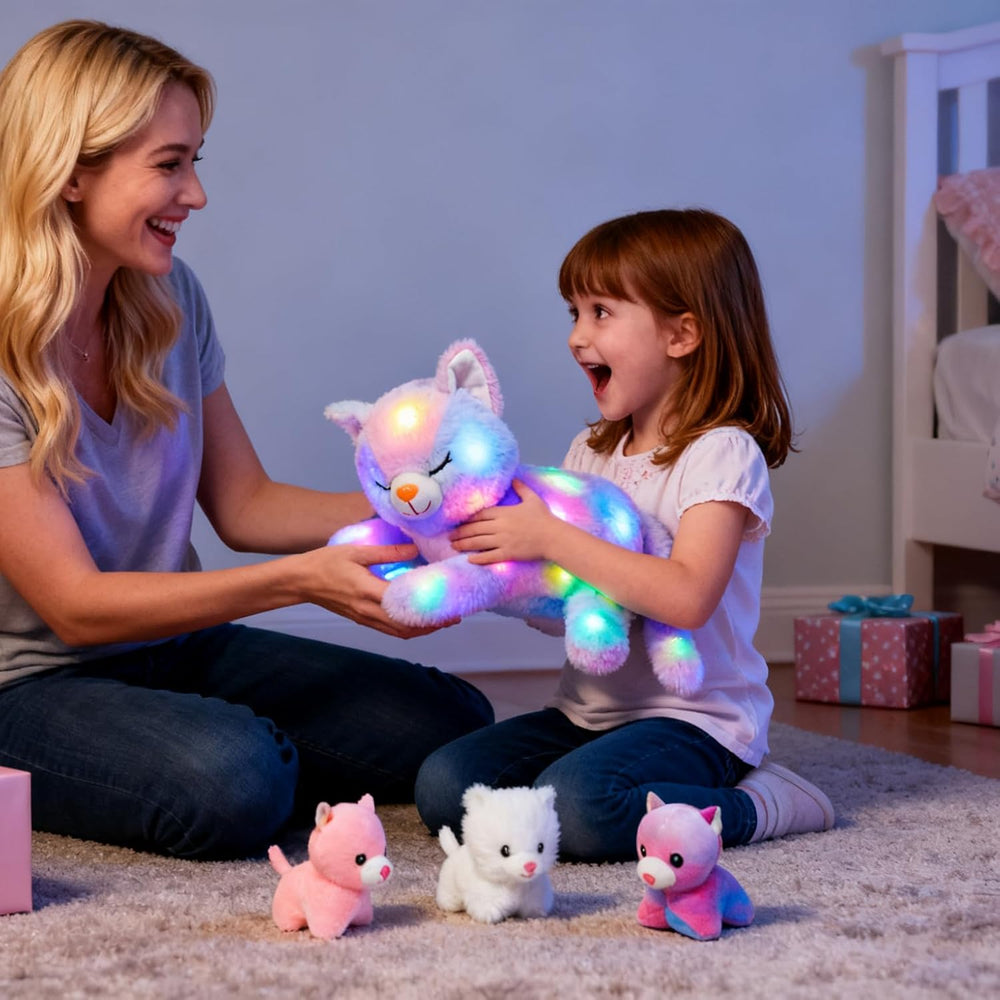 Chat en peluche musical à LED, jouet chantant léger, mère chat avec 3 chatons dans le ventre, berceuse animée, jouet apaisant pour mères, enfants, petites filles, arc-en-ciel, 45 cm