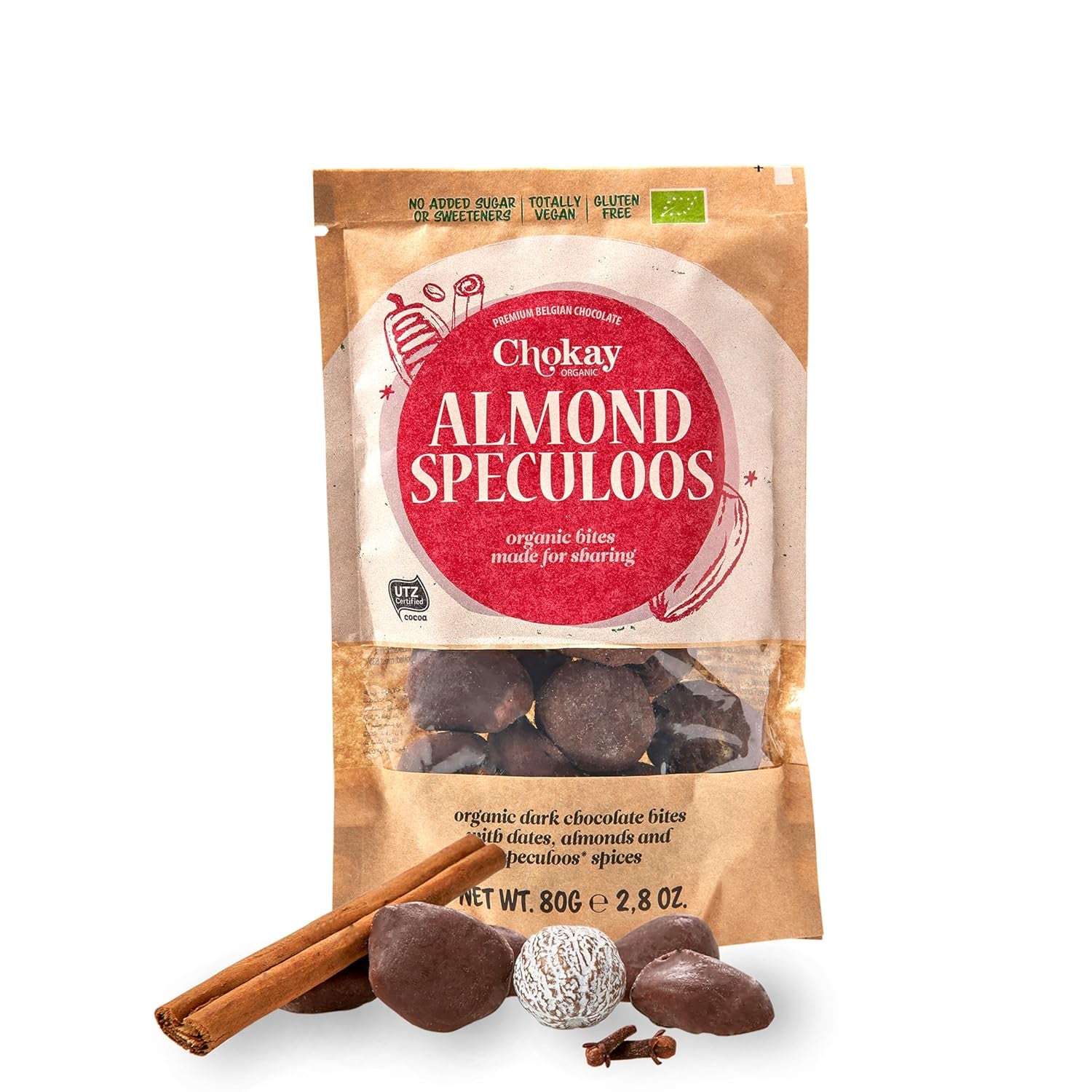 Bouchées biologiques - Amandes à la cannelle et amandes au chocolat noir belge / Sans sucre ajouté, sans édulcorants / Végétalien et équitable / 1 x 85g