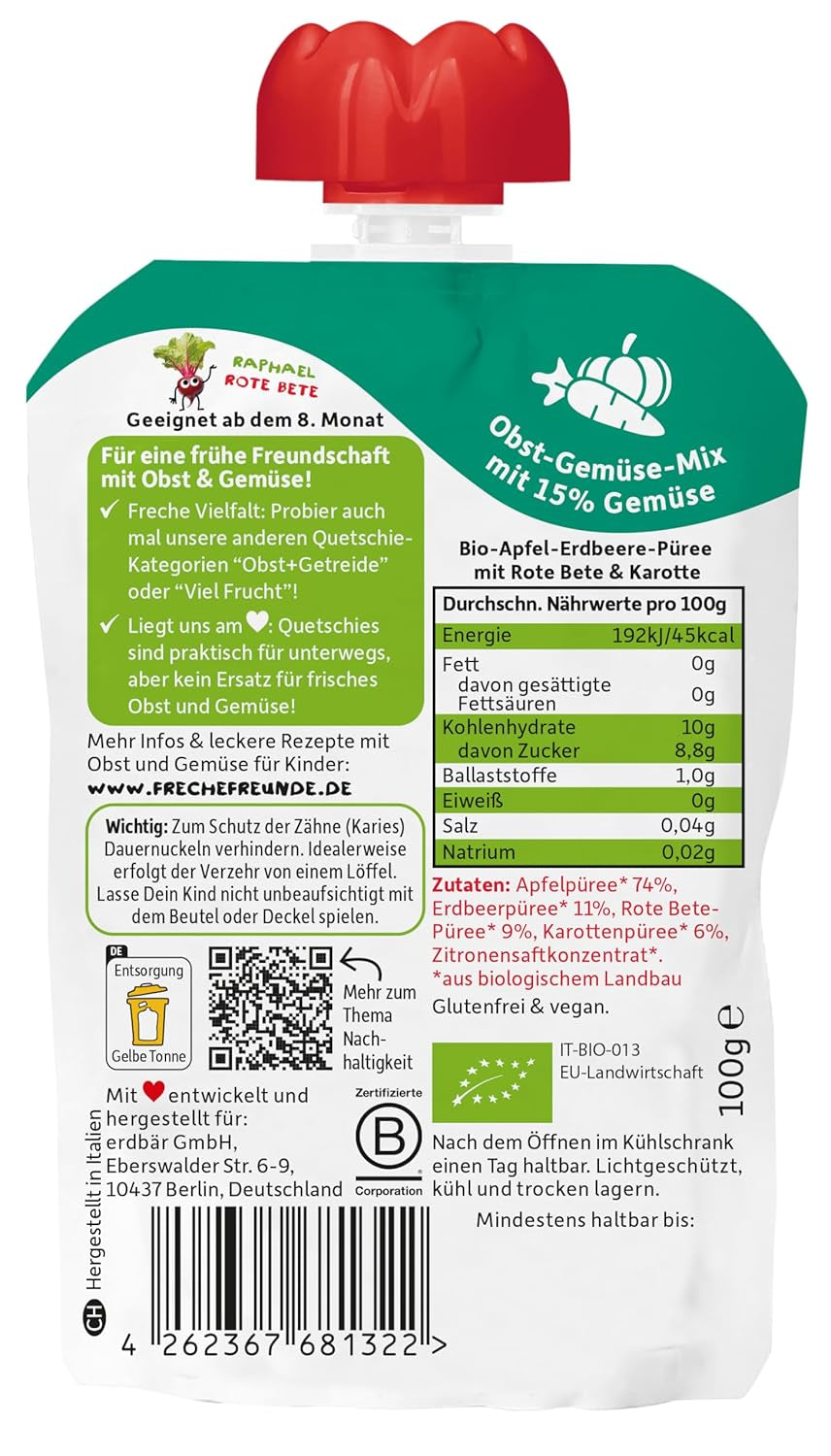 FRECHE FREUNDE Lot de 6 sachets de fruits à presser bio avec pommes, fraises, betteraves et carottes, purée de fruits et légumes dans un sachet à presser pour bébé à partir de 6 mois, végétalien, lot de 6 (6 x 100 g)