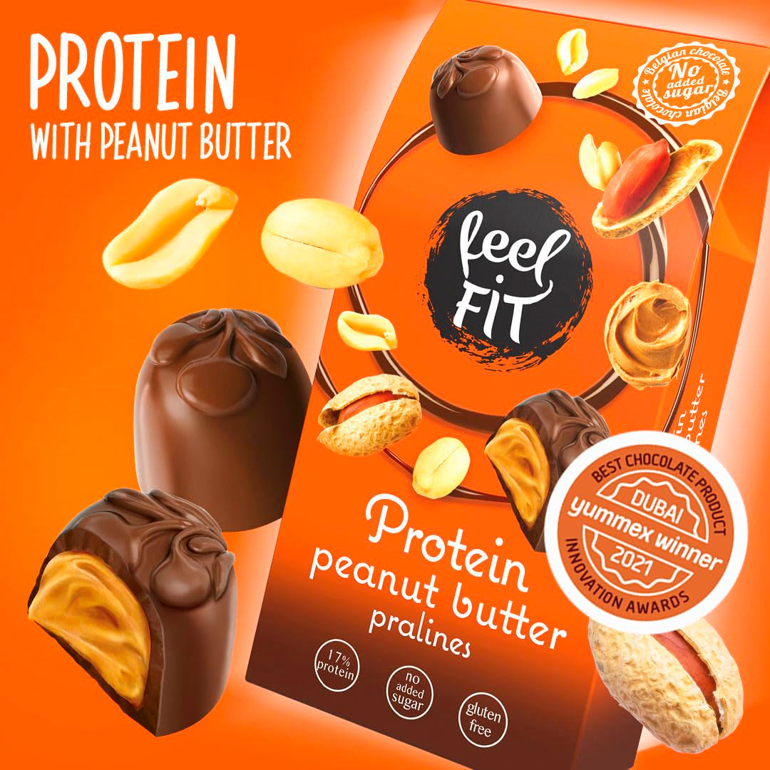 Pralines protéinées au beurre de cacahuète Feel FIT dans du chocolat au lait de haute qualité, sans sucre ajouté, 17 % de protéines, sans gluten 66 g (1 paquet)