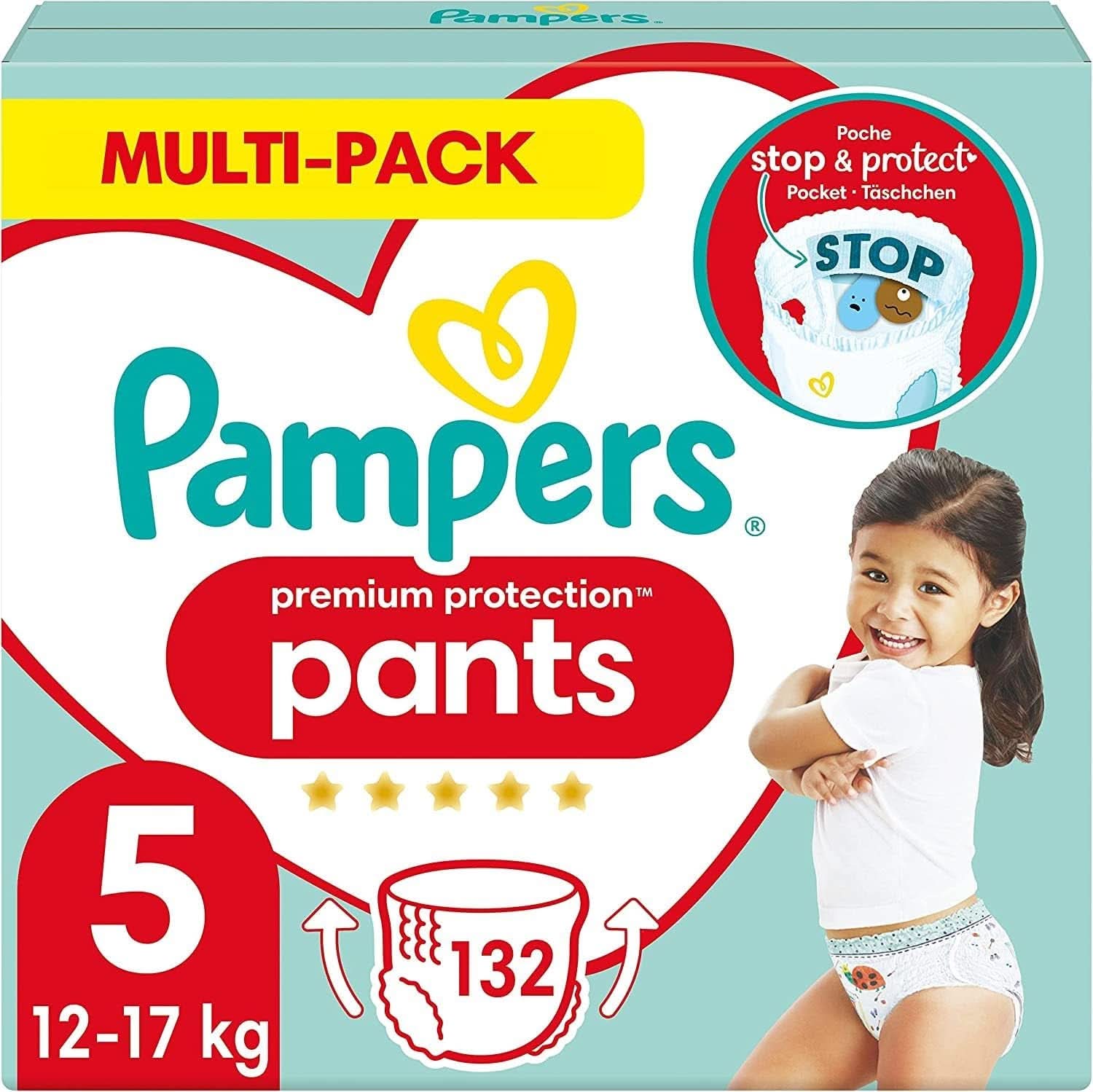 Pampers Couches bébé Pantalon taille 5 (12-17Kg) Premium Protection, Junior avec poche Stop and Protect, 144 couches Panty Mère et Enfant Naty Shop 5 (132 pcs) Classique