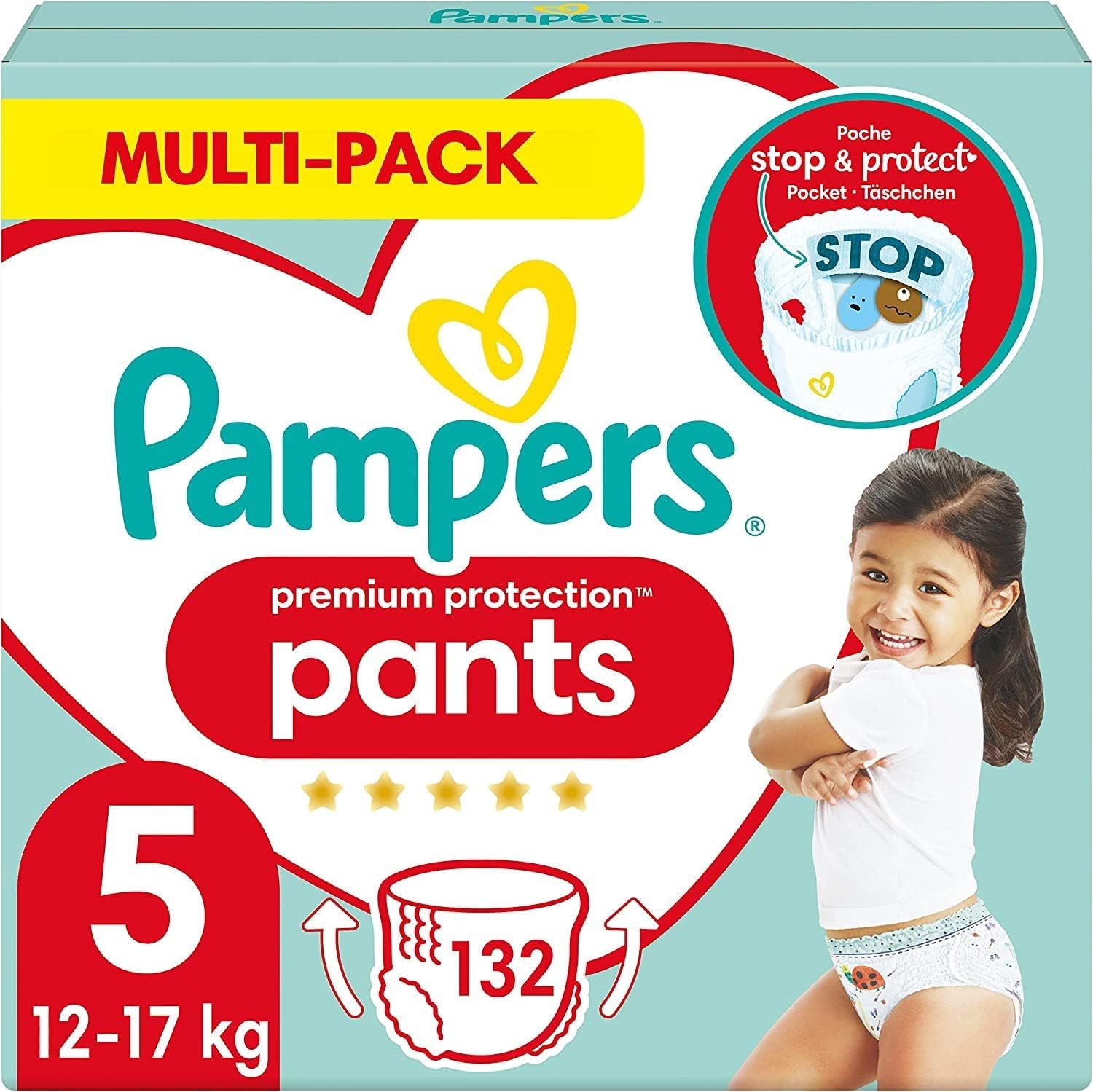 Pantalon de protection Pampers Premium Taille 7, 123 couches, 15 kg+, avec réglage à 360° et poignets anti-fuites souples pour un confort et une protection optimaux