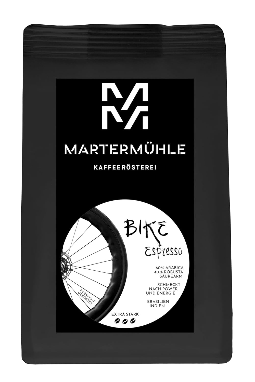 Grains d'espresso Martermühle Bike 500g Strong | Arabica/Robusta | Saveurs : Noix de macadamia, chocolat au lait | Grains d'espresso entiers légèrement torréfiés, faible acidité