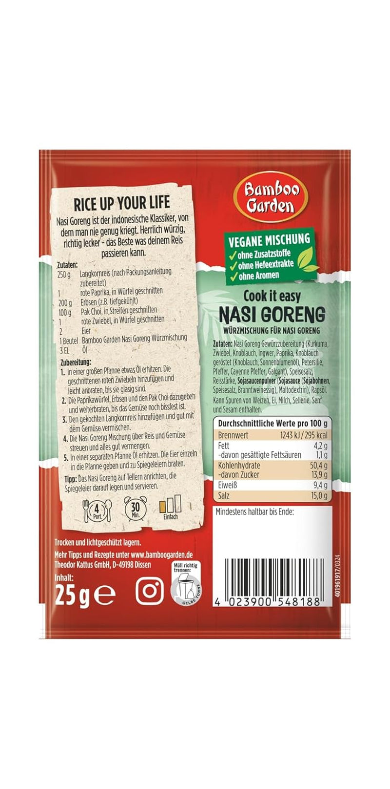 Jardin de bambous - Nasi Goreng Würzmischung | Zum Würzen von Asiatiqueschen Reisgerichten | Pour 4 portions | Vegan, sans Zusatzstoffe, sans Hefeextrakte, sans Aromen | 25 g en sachet