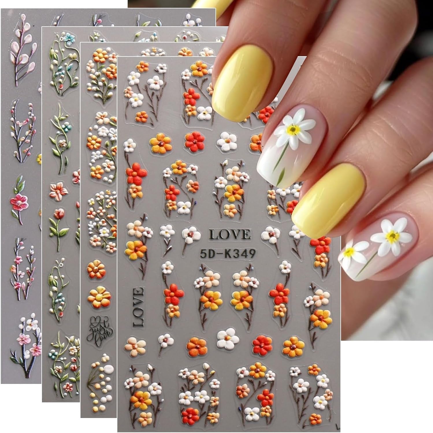 JMEOWIO Autocollants de Nail Art 3D, Autocollants pour Nail Art, Autocollants pour Nail Art, Autocollants pour Nail Art, Autocollants pour Nail Art, 5D Stéréoscopiques, Feuilles d'herbes, Décoration de Nageldesign, 4 Feuilles