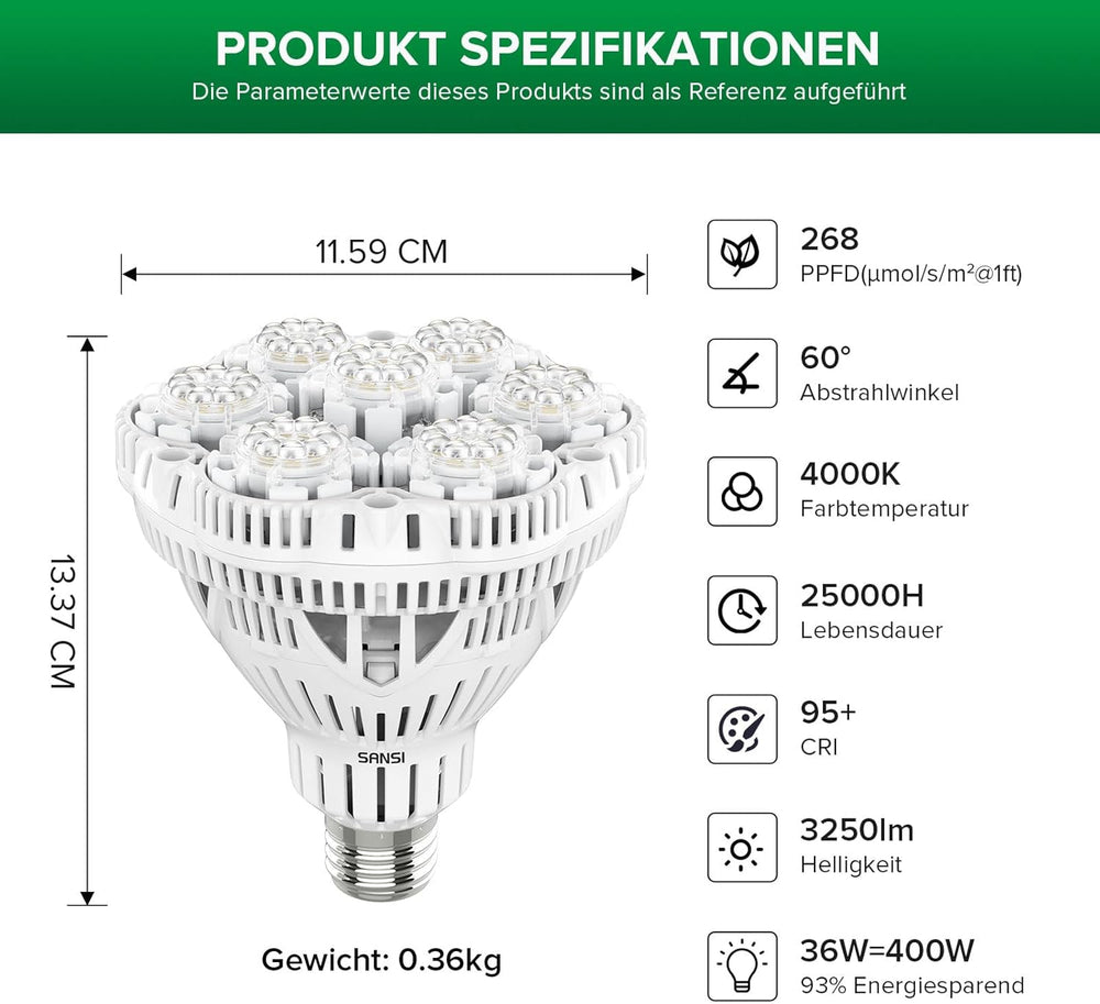 SANSI 36W Spectre Complet E27 Plante d'intérieur LED élèvent la lumière Haute PPFD élèvent des lampes pour la culture hydroponique de légumes de fleurs de jardin à effet de serre Taille Ø11,5 * 13,3 cm