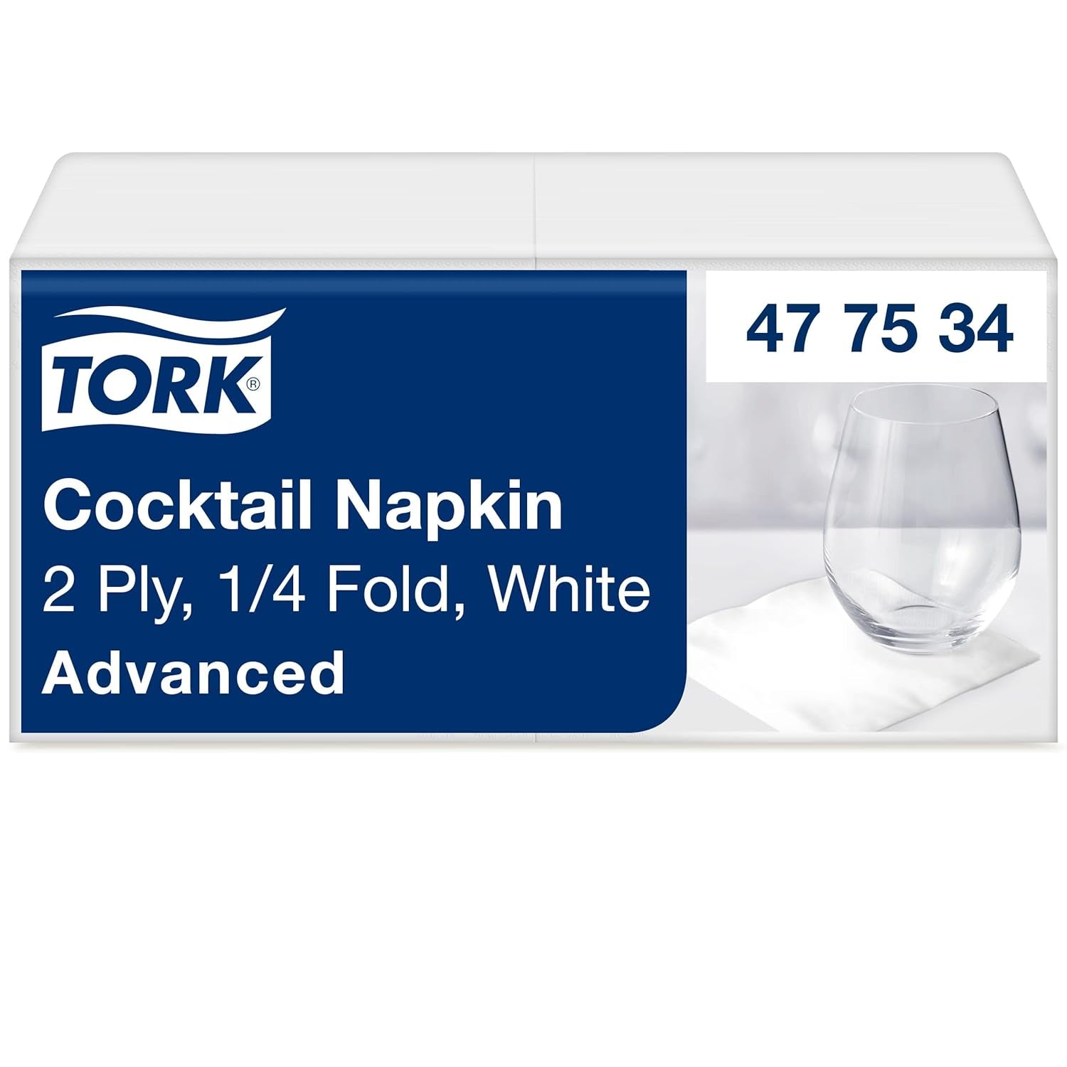 Serviettes Tork Cocktail blanches, pli 1/4, 2 épaisseurs, 24 cm × 24 cm, 200 serviettes, 477534