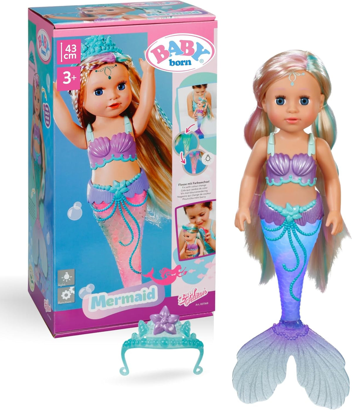 BABY Born Mermaid - Păpușă înaltă de 43 cm - Păr de înaltă calitate cu șuvițe colorate - Aripioară luminoasă - Funcționează cu baterii - Potrivit pentru copii de la 3 ani în sus, verde Papusi Naty Shop Titlu implicit