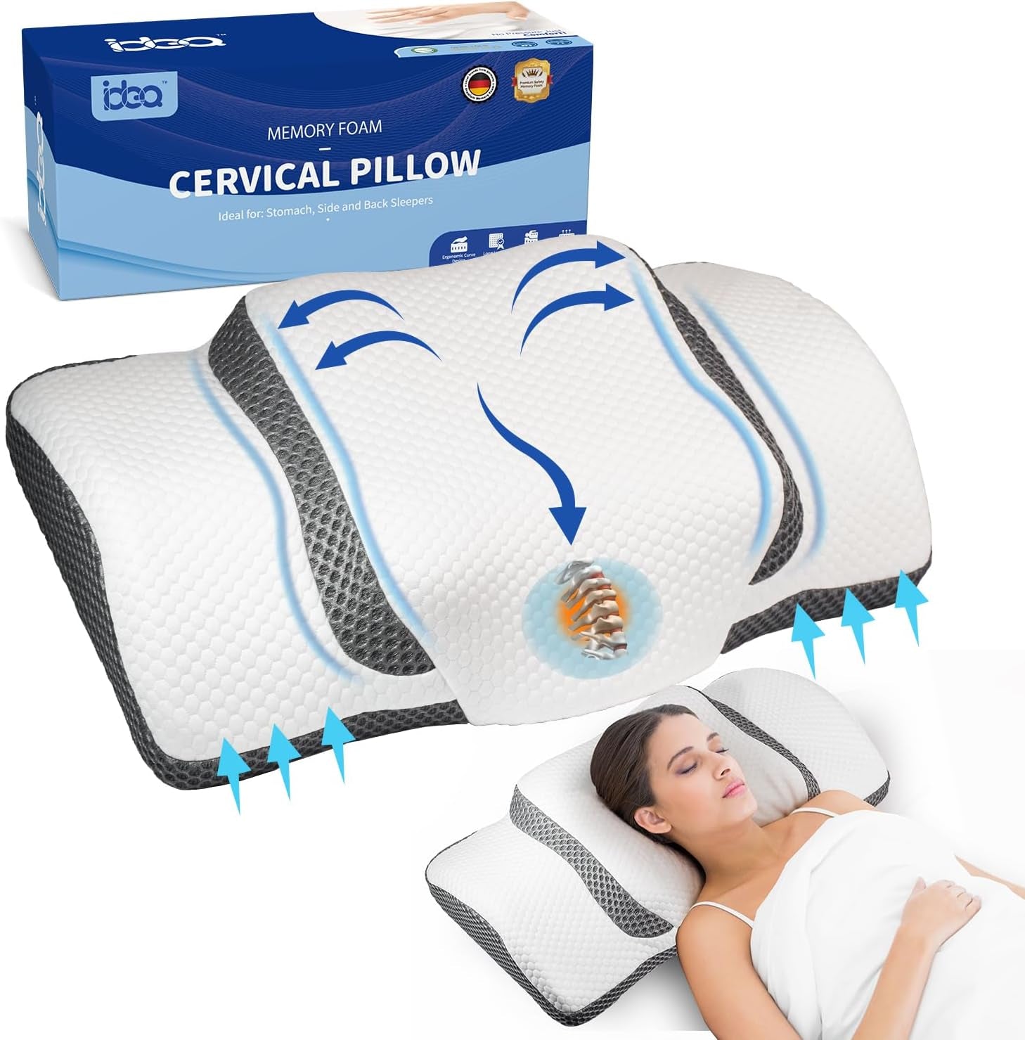 Oreiller orthopédique, oreiller cervical ergonomique, oreiller de tête, oreiller original en mousse à mémoire de forme pour les côtés, le dos et le ventre, oreiller de soutien du cou pour hommes, femmes (67,3 x 38,2 x 13,8/3 cm) Oreillers orthopédiques cervicaux Naty Shop