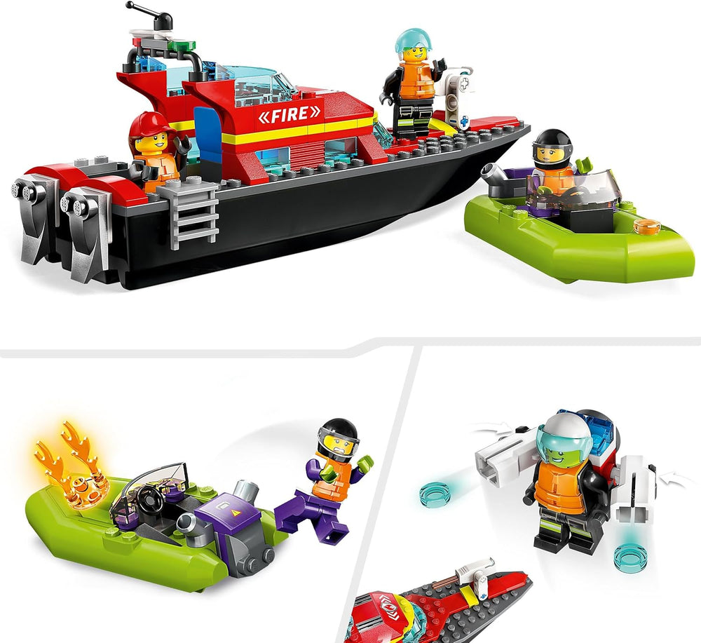 LEGO 60373 City Feuerwehrboot, jeu, l'eau dans l'eau, avec Rennboot, 3 figurines et Jetpack, Feuerwehr-Boot-Spielzeug conçu pour les jeunes et les filles à partir de 5 ans