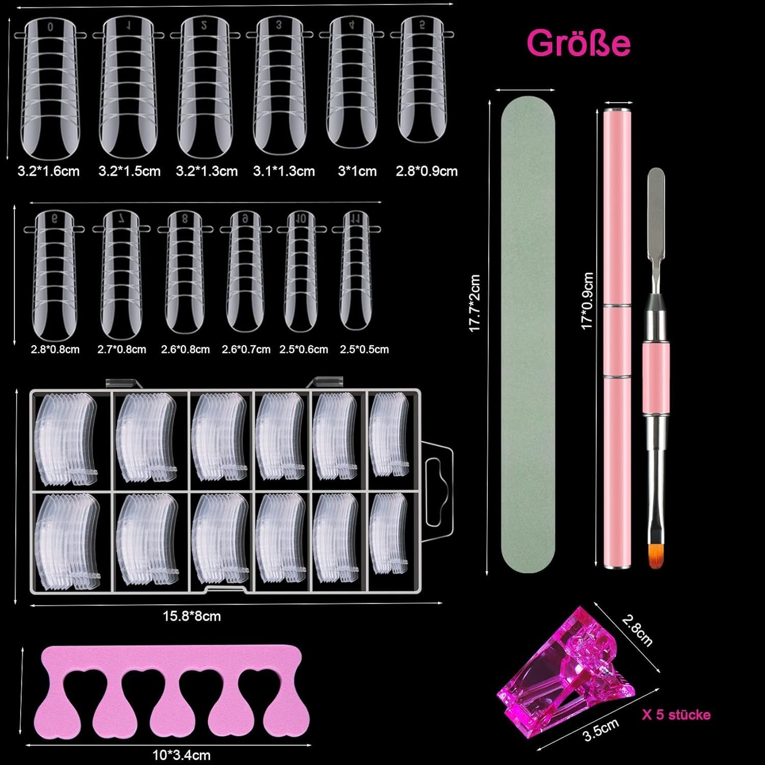 Ensemble de 120 formes d'ongles doubles, modèles d'extension d'ongles avec brosse rose à double extrémité, clip pour pointe d'ongle, séparateur d'orteil en éponge et lime à ongles pour ongles en polygel