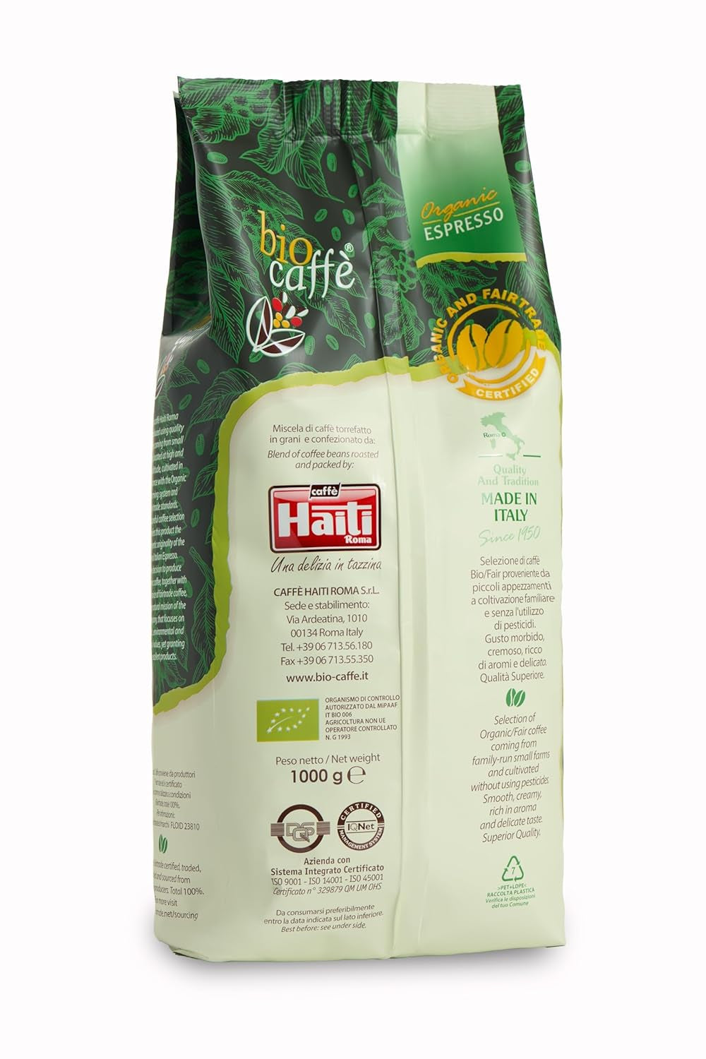 Caffè Haiti Roma Biocaffè Gran Miscela Café en grains 100% biologique/commerce équitable, 1 kg, certifié par l'Institut italien de l'espresso. Un expresso gourmand fabriqué en Italie. Torréfaction artisanale.