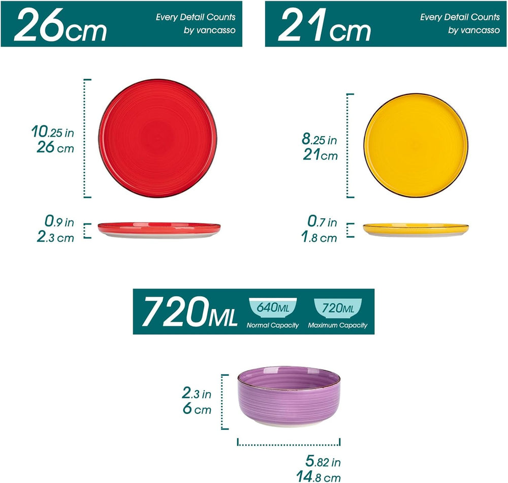 Service de table pour 6 personnes Vancasso Bonita Service de table en grès 18 pièces Ensemble de bols et d'assiettes Service rond Combinaison de 6 assiettes plates Assiettes à salade et bols chacune